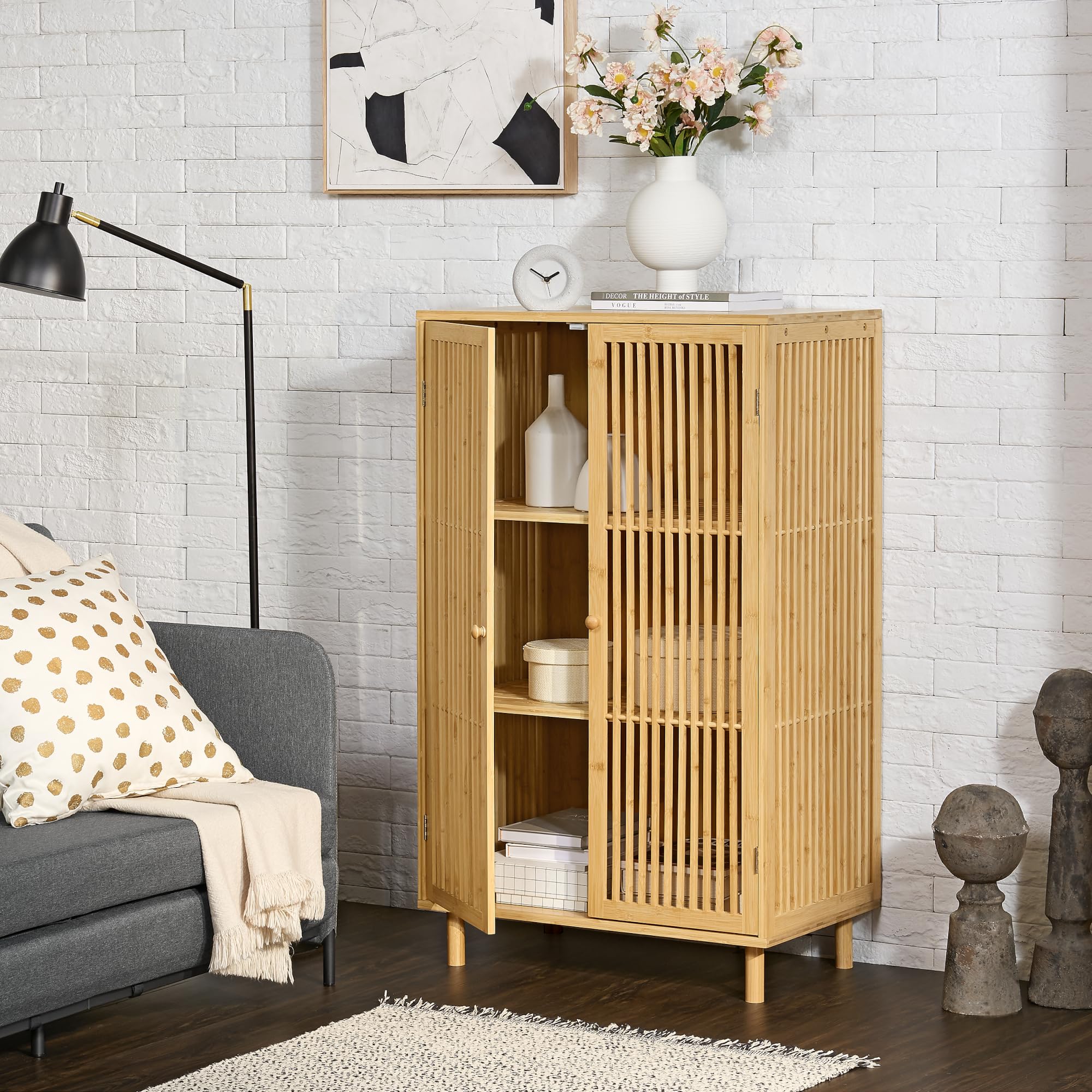 Buffet à 3 Tiroirs Avec 2 Portes,4 Compartiments De Rangement, Commode De Maison- LED, Naturel