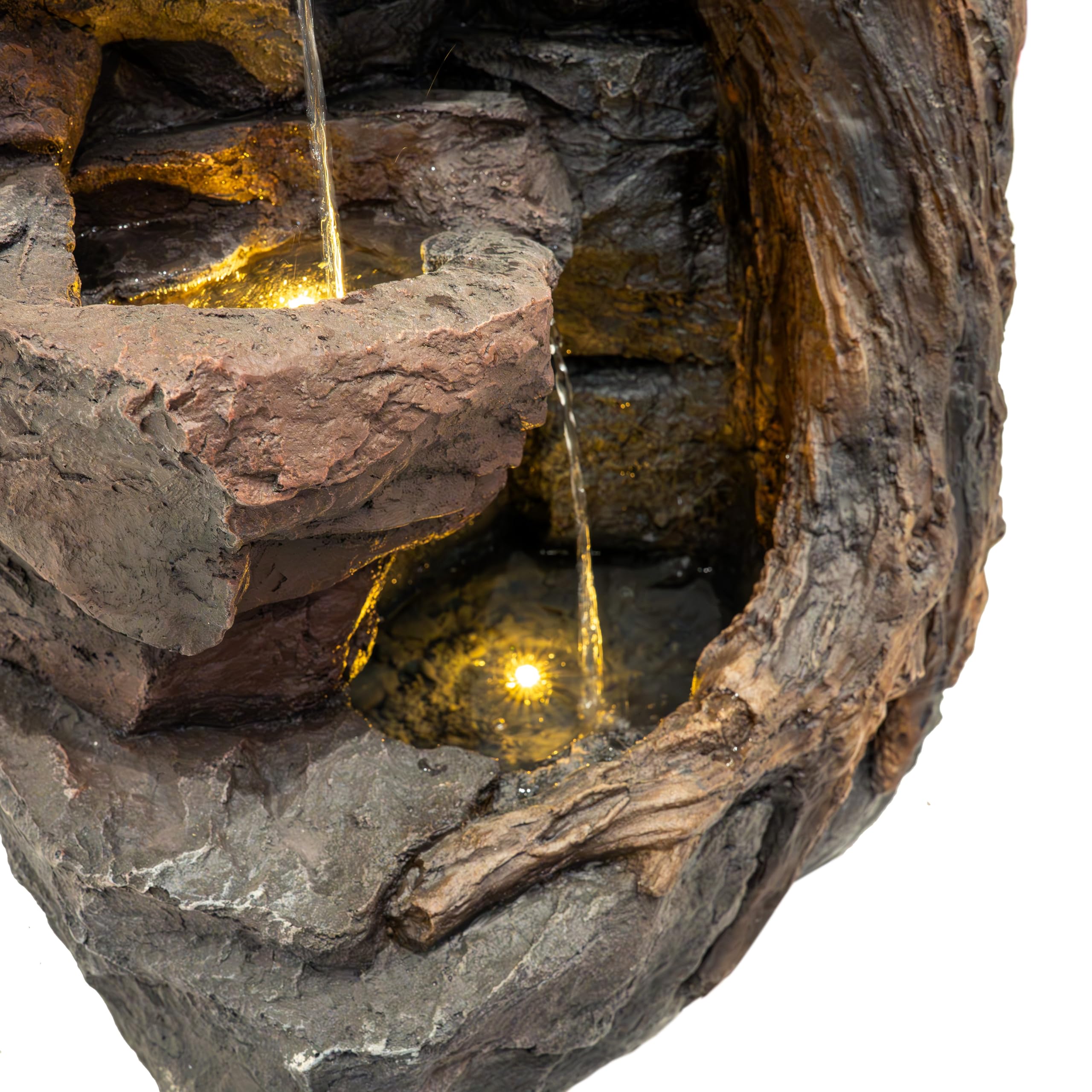 Fontana Cascata da Esterno in Poliresina Grigia con 3 Luci LED Bianche Calde, Pompa Elettrica, Cavo da 7m – Willow Springs + Spazzola per Pulizia Inclusa