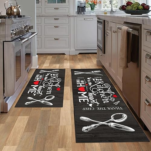 Juego de 2 alfombras de cocina de granja, color blanco y negro, estilo rústico, vintage, alfombras de cocina, absorbentes, lavables,