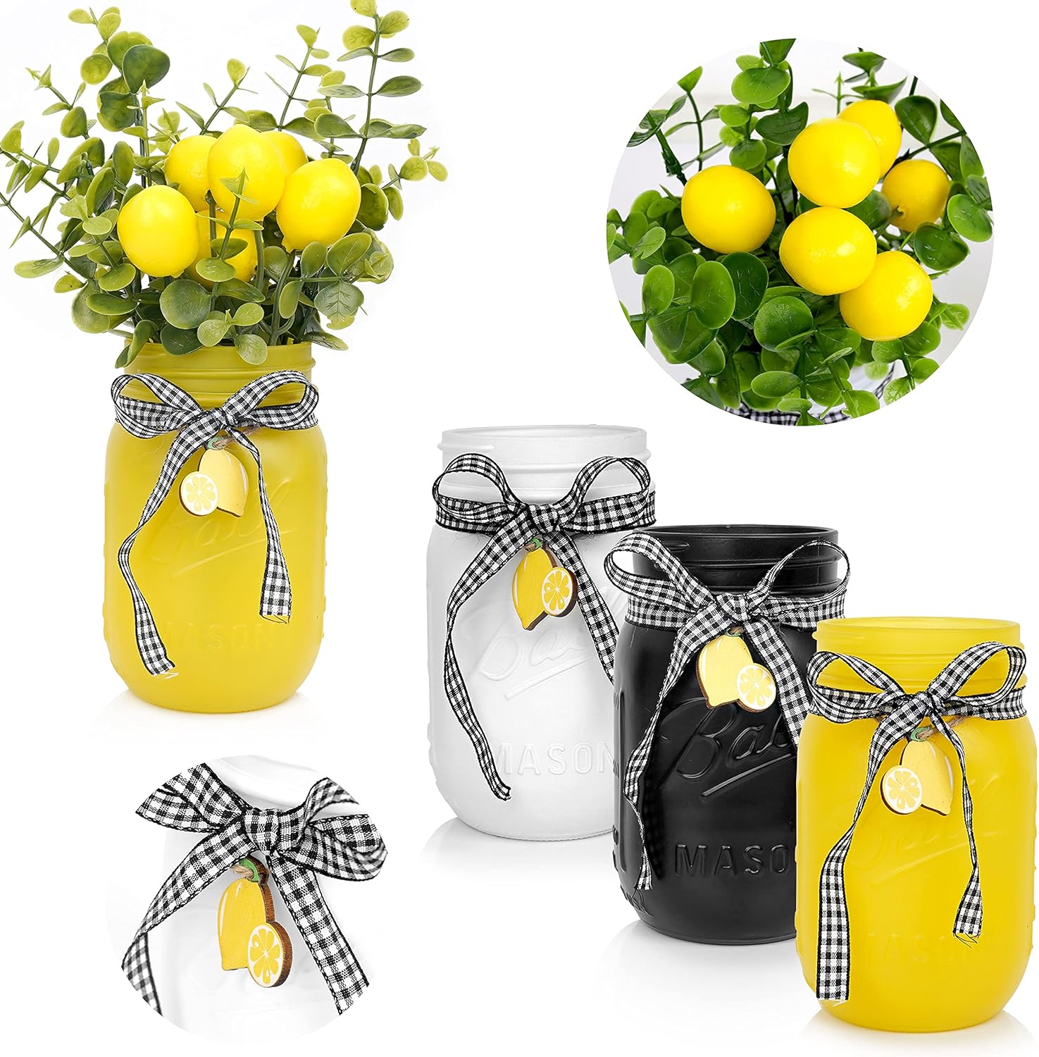 Lemon Kitchen Decor and Accessories, Lemon Mason Jar Decor, Summer Farmhouse Decoration for Home Tiered Tray, Lemon Tray Decor Rustic Buffalo Plaid Farmhouse, Summer Decoration of Housewarming Gift
