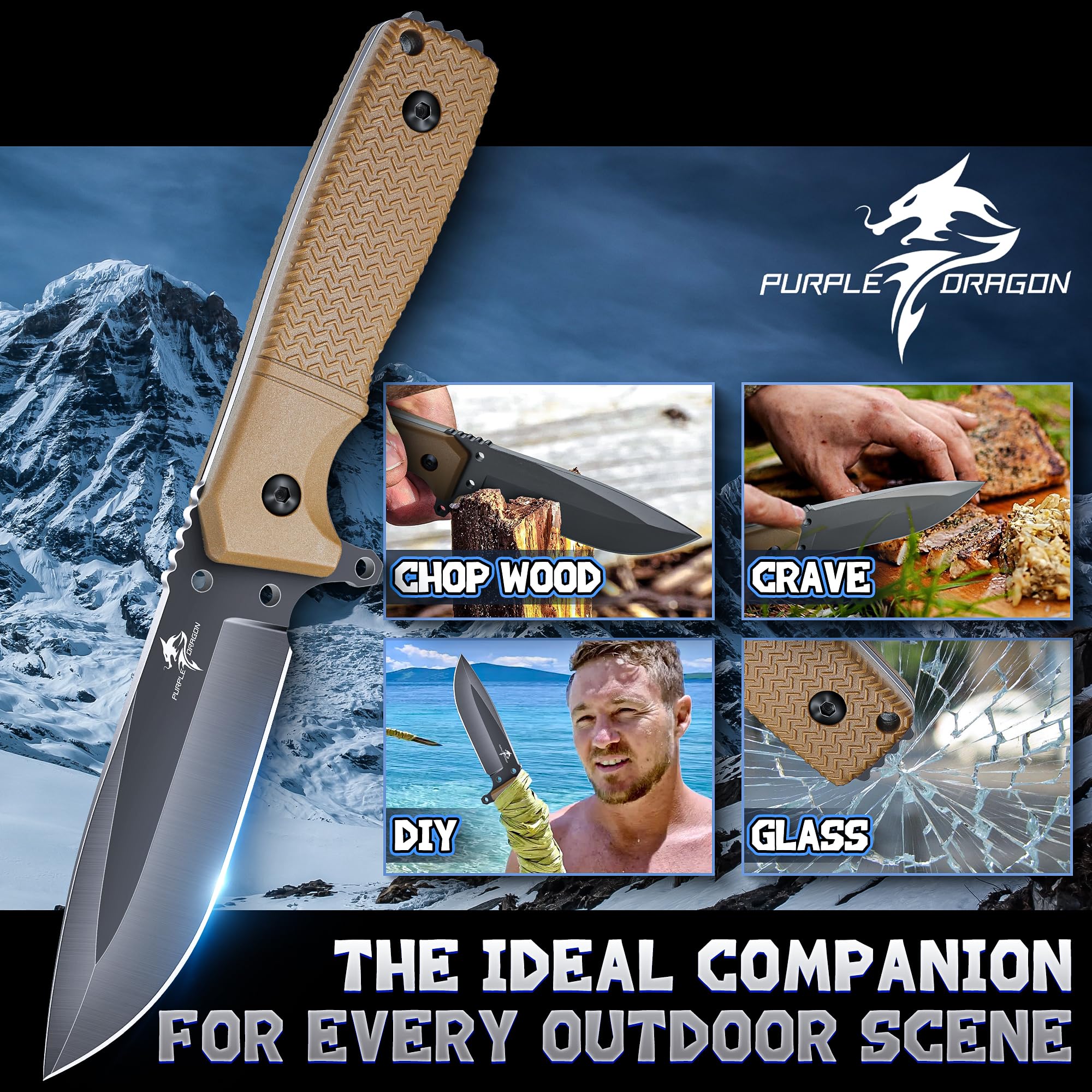 Purple Dragon Khaki Survival Knife with Kydex Sheath, Full Tang Fixed Blade Made from D2 Steel, Field Knife for Bushcraft, Camping and Hunting, Gifts for Men