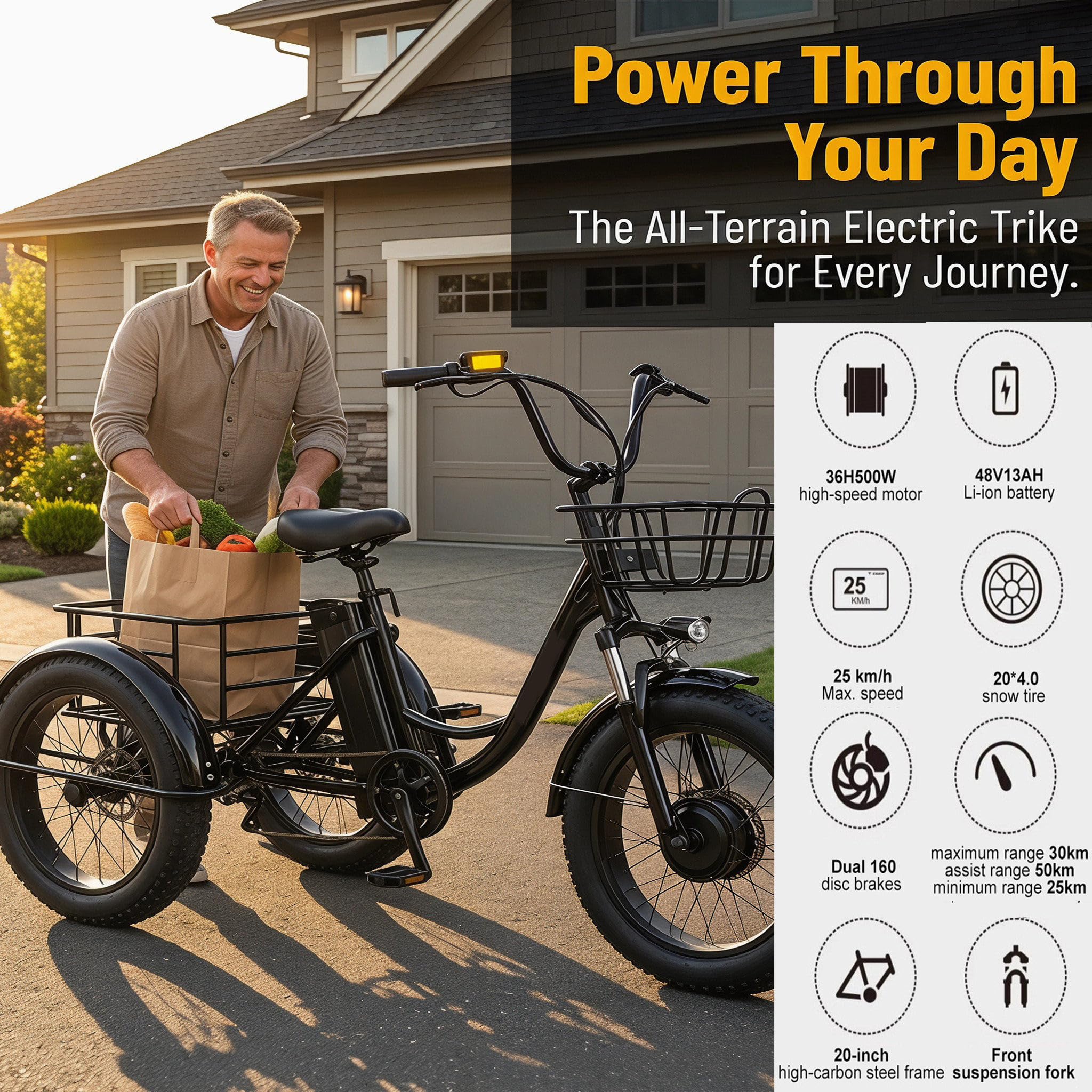 Tricycle Cargo électrique Utilitaire pour Adultes Seniors, 20 Pouces, 6 Vitesses, Batterie Amovible 48 V 13 Ah, autonomie de 40 km, Grands paniers Avant et arrière, écran LCD