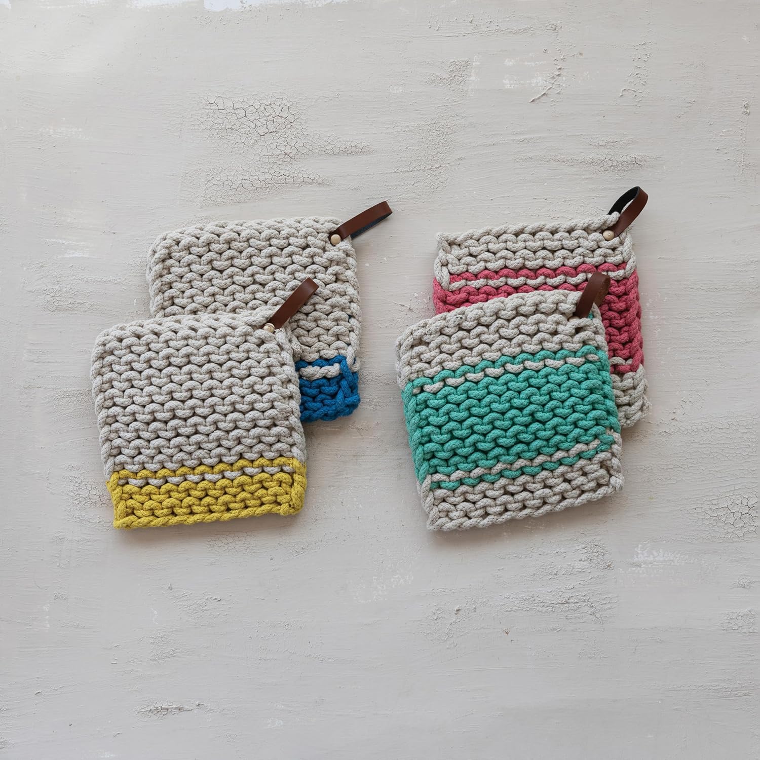 Creative Co-Op 4-Piece Cotton Crocheted Pot Holder with Leather Loop, Multicolor