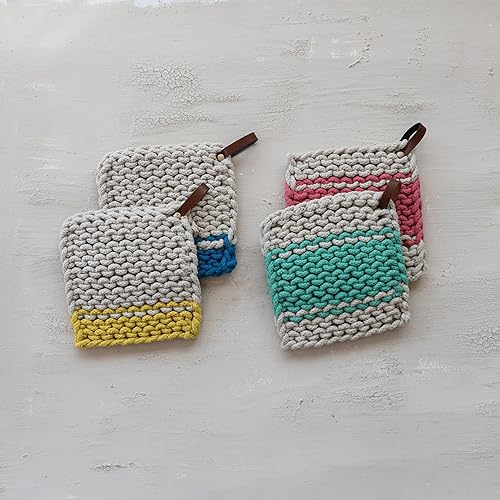 Miniatura 8 de Creative Co-Op Mango cuadrado de cuero de ganchillo de algodón de color sólido de 8 pulgadas para cocinar, multicolor, juego de 4 soportes para ollas