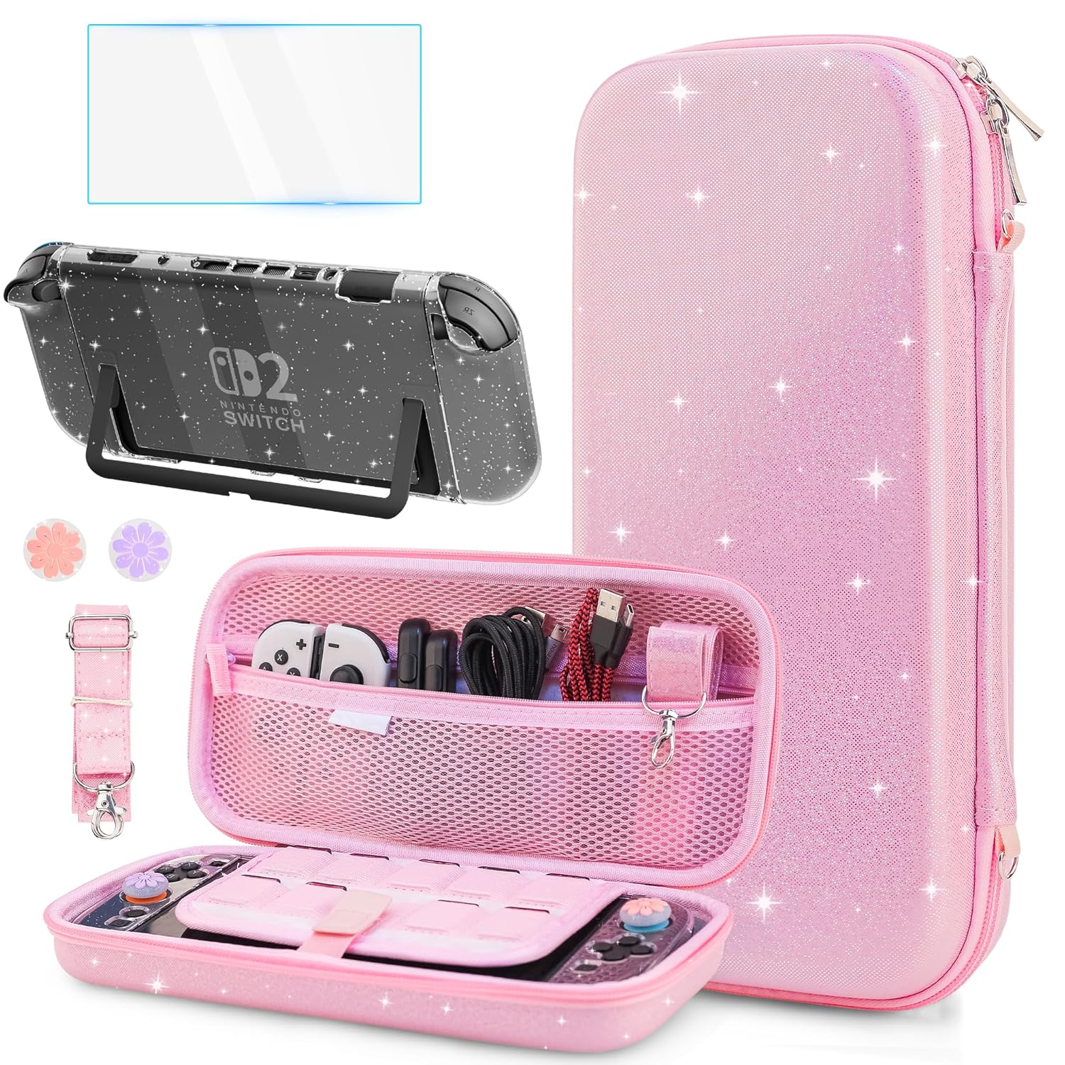 FANPL Pink Glitter Case for Nintendo Switch 2 Accessories, Cute Rainbow Sparkle Carrying Cover for Switch 2 and Joy Con with Glitter Protective Skin, Screen protector, 2 Thumb Grips, Shoulder Strap