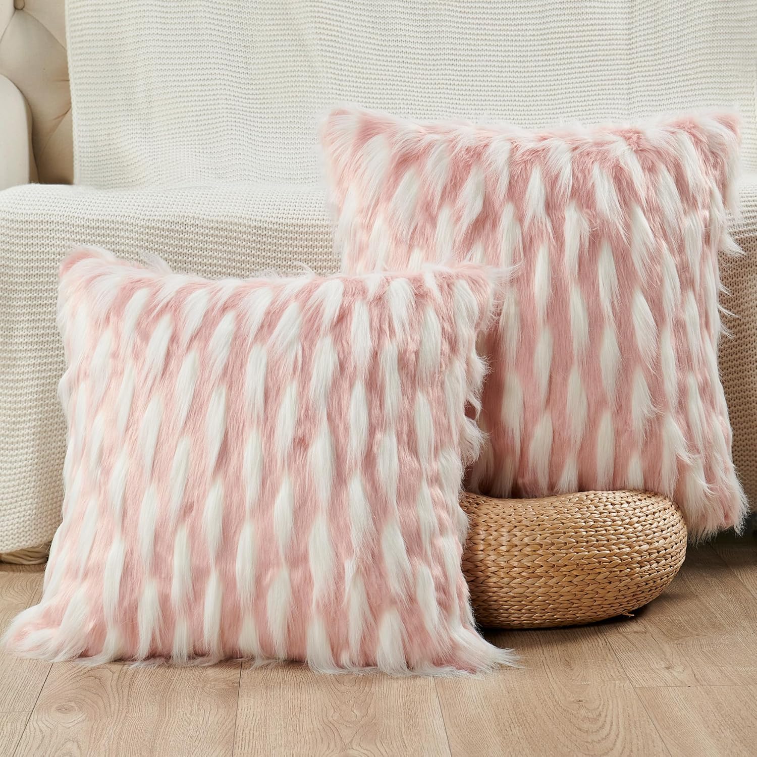 Home Soft Things Feathery Faux Fur Pillow Cover Set of 2, 26'' x 26'', Grey, Stylish Fluffy Soft Euro Decorative Pillow Covers Home Décor