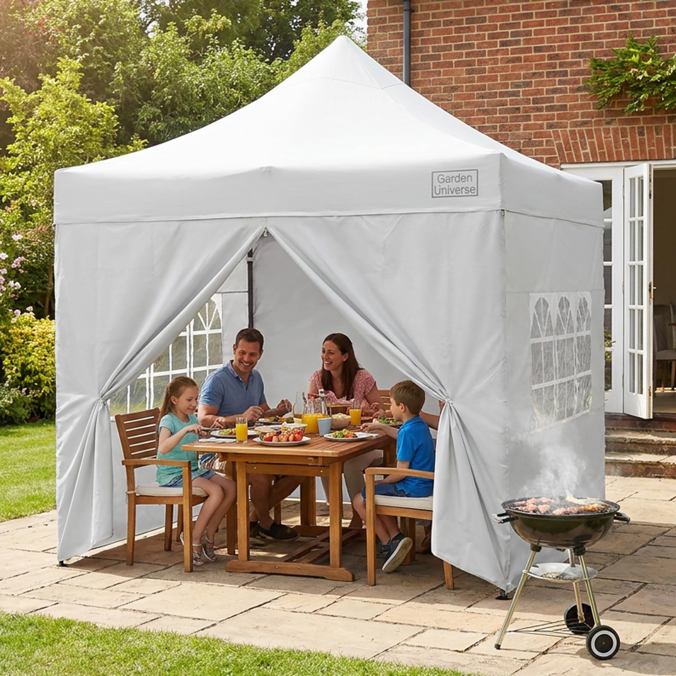 Garden Universe 3m x 3m Pop-Up Gazebo with Sides Weight 34kg Heavy Duty White Waterproof Commercial Grade Market Stall Leg Weights Wheeled Carry Bag Marquee Canopy Party Tent GAZ10-White