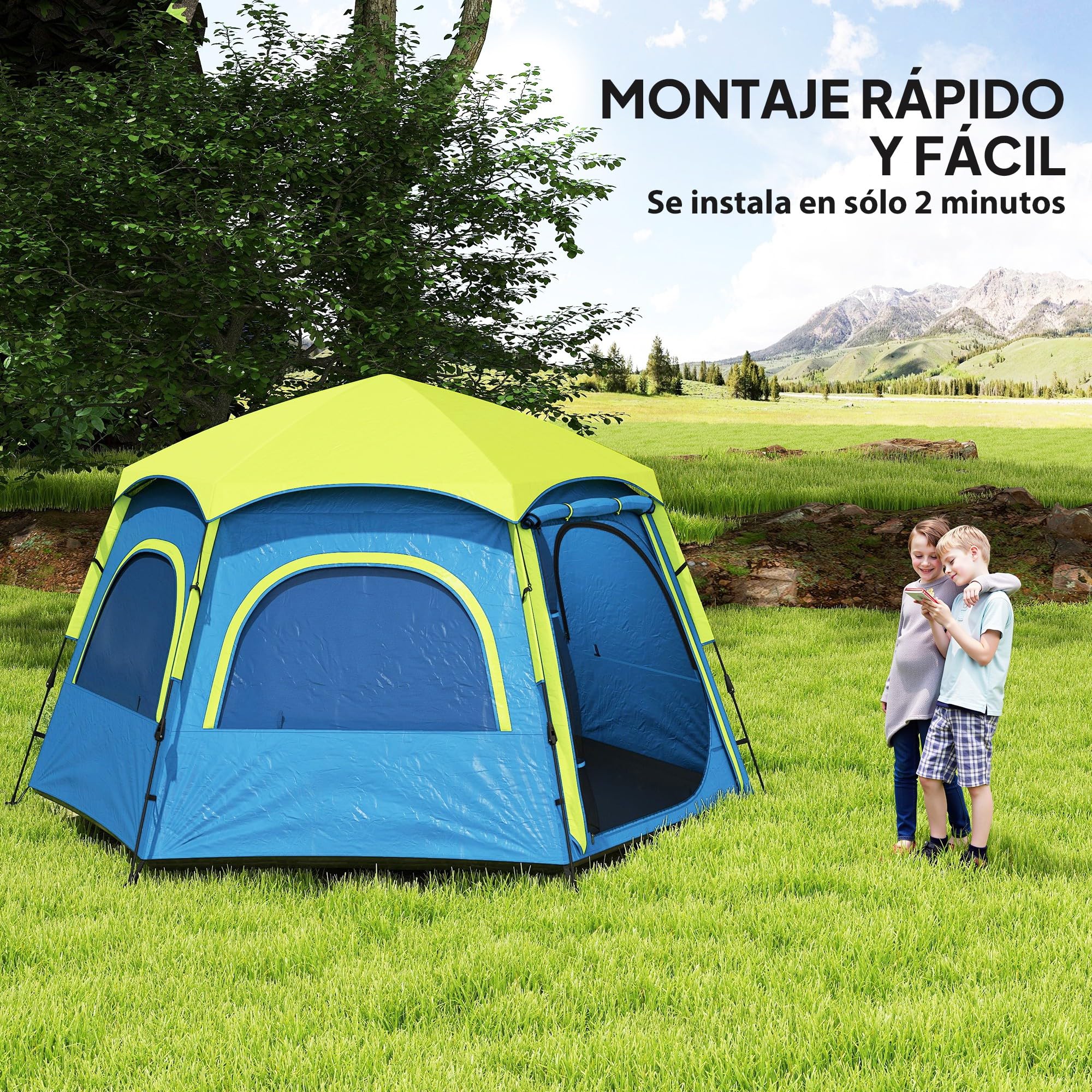 Outsunny Tienda de Campaña para 2-4 Personas Tienda de Camping Plegable con Fácil Instalación Ventanas de Malla Gancho y Bolsa Transporte Protección UV Impermeable 3000+ para Senderismo