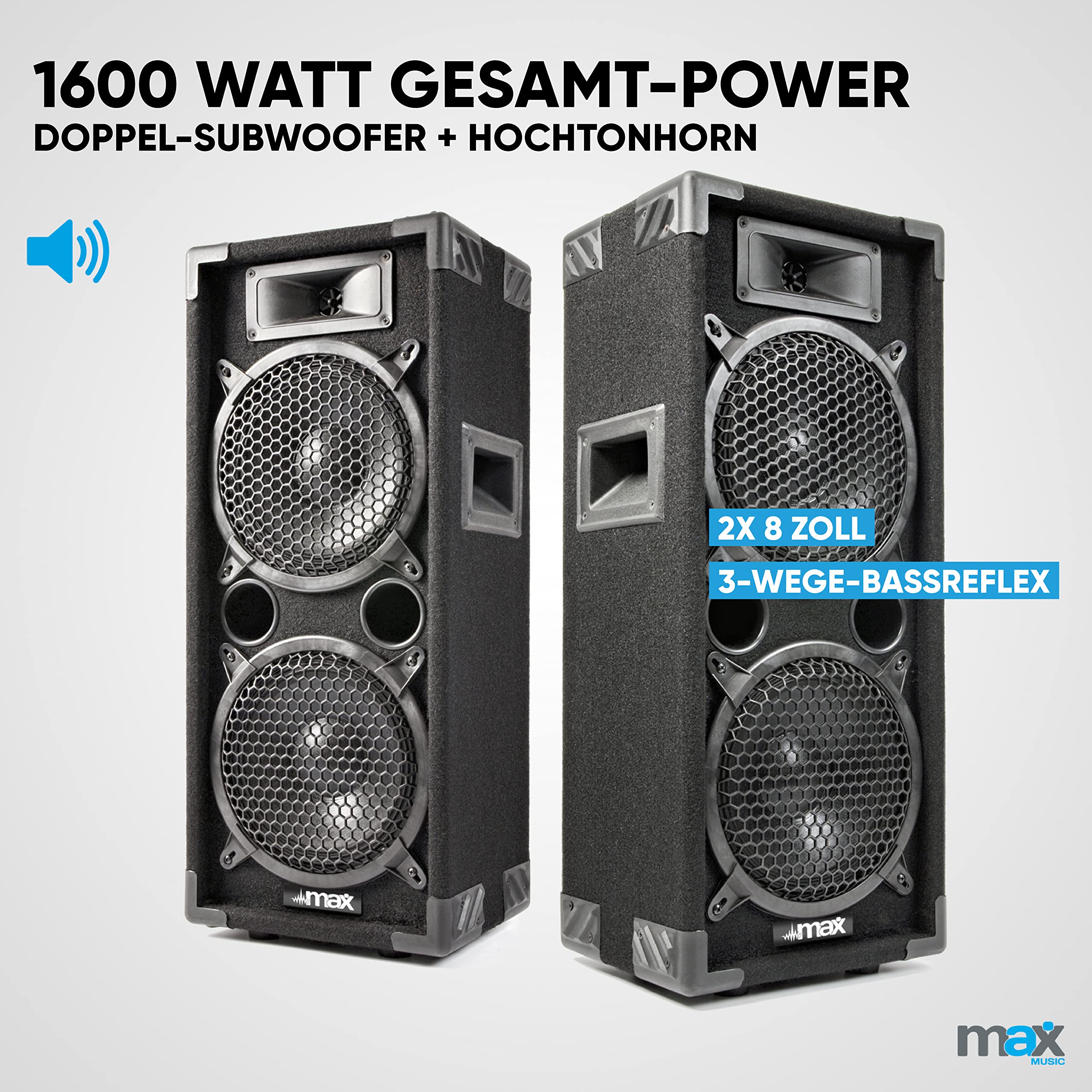 MAX MAX28 PA Lautsprecher passiv, DJ Boxen, 1600 Watt Peak, Partyboxen Set mit Griffe, 2 x 8 Zoll Doppel-Tieftöner, DJ Party Lautsprecher Paar, Lautsprecherbox, Schwarz