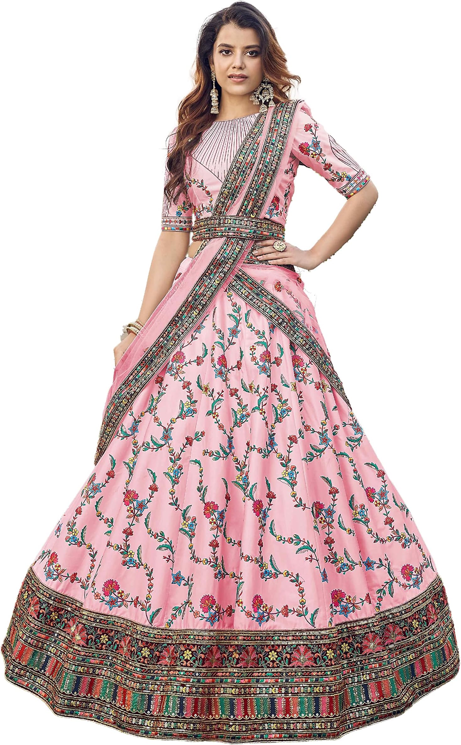 Divine International Trading Co Women's Silk Embroidered Semi-Stitched Lehenga Choli with Dupatta