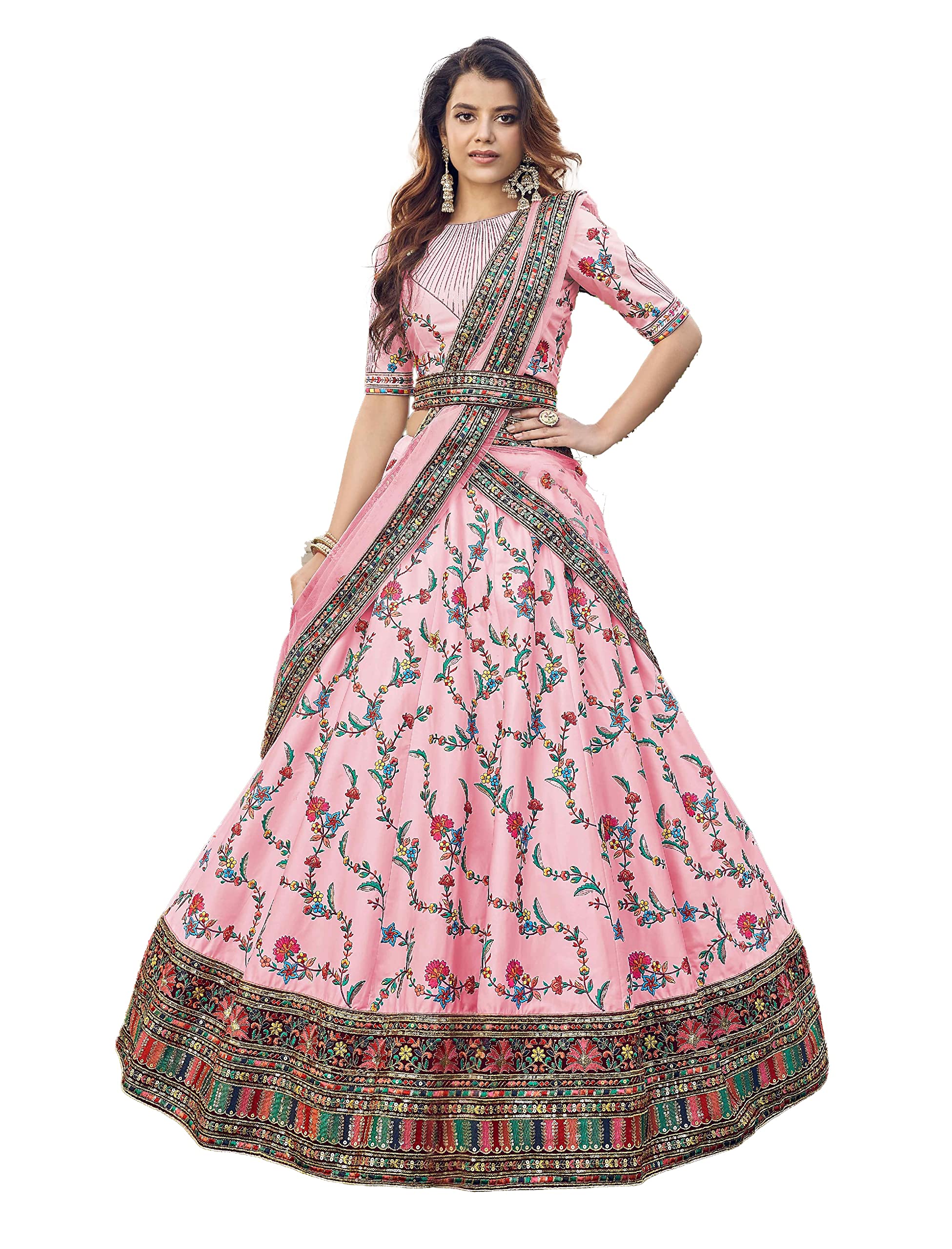 Divine International Trading CoWomen's Silk Embroidered Semi-Stitched Lehenga Choli with Dupatta
