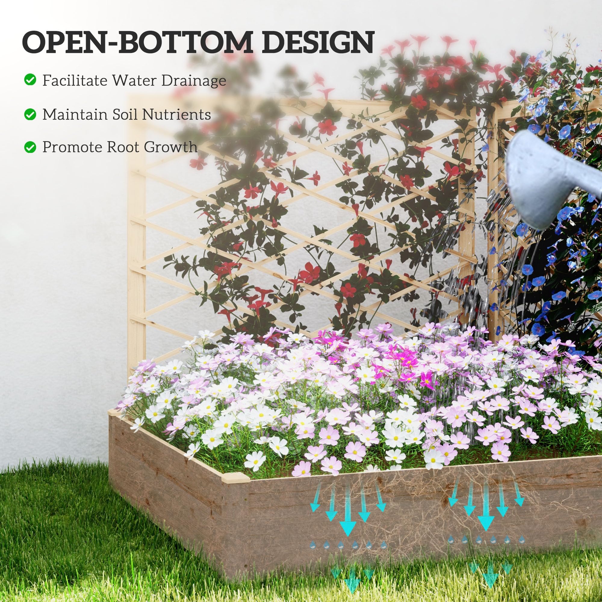 Outsunny Fioriera esterna con traliccio 222x114x109 cm Finto legno | Con 3 tralicci regolabili, aiuola rialzata, cassetta di legno per fiori, per balcone terrazzo patio.