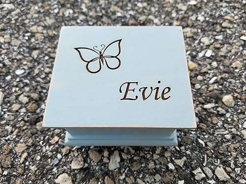 Custom made music box with butterfly and your choice of name on the top, personalizing option to the bottom side, with your choice of color and