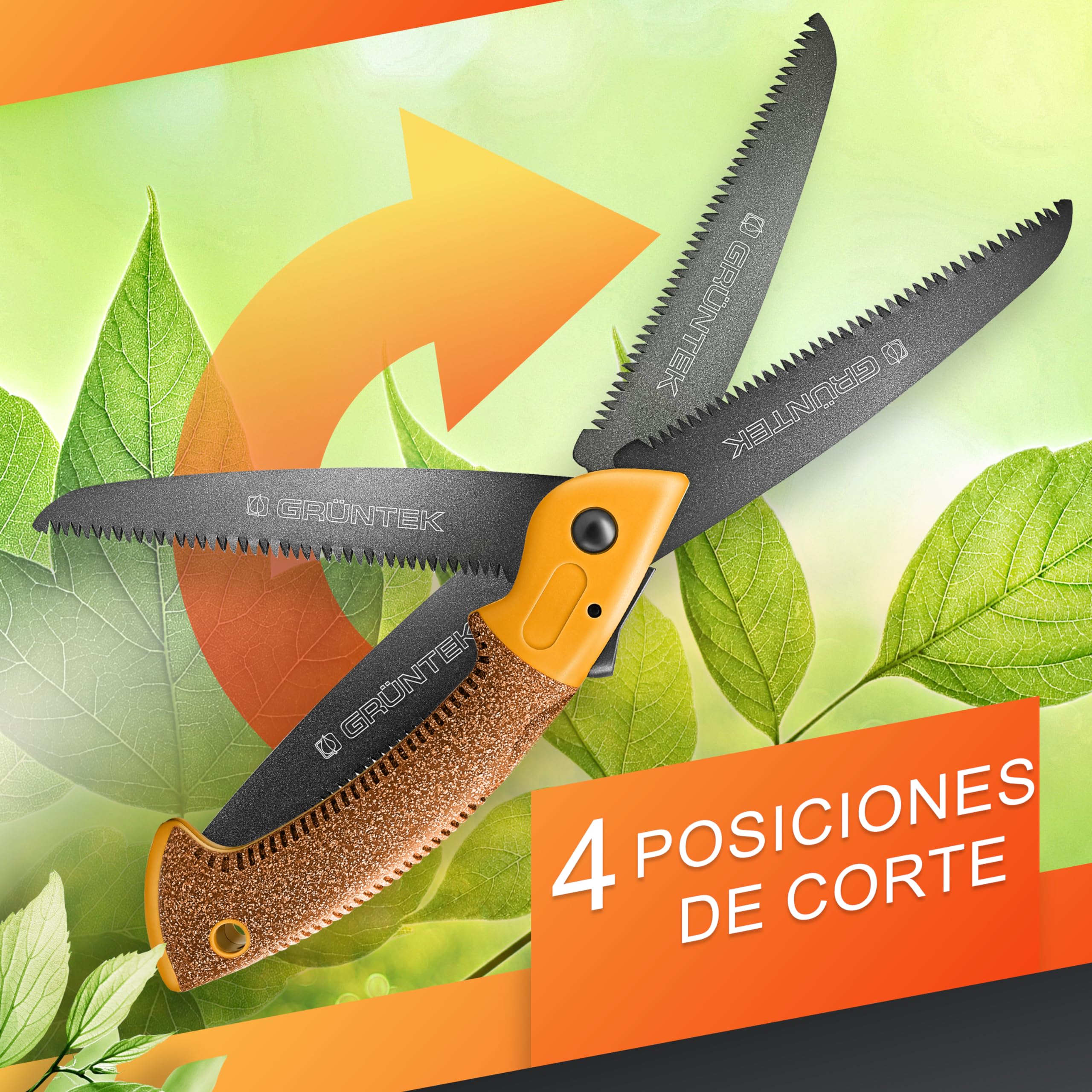 GRÜNTEK Sierra Plegable de Poda para jardinería 180 mm - Mango de corcho - Hoja de TEFLON y acero. Sierra para podar de camping y jardín