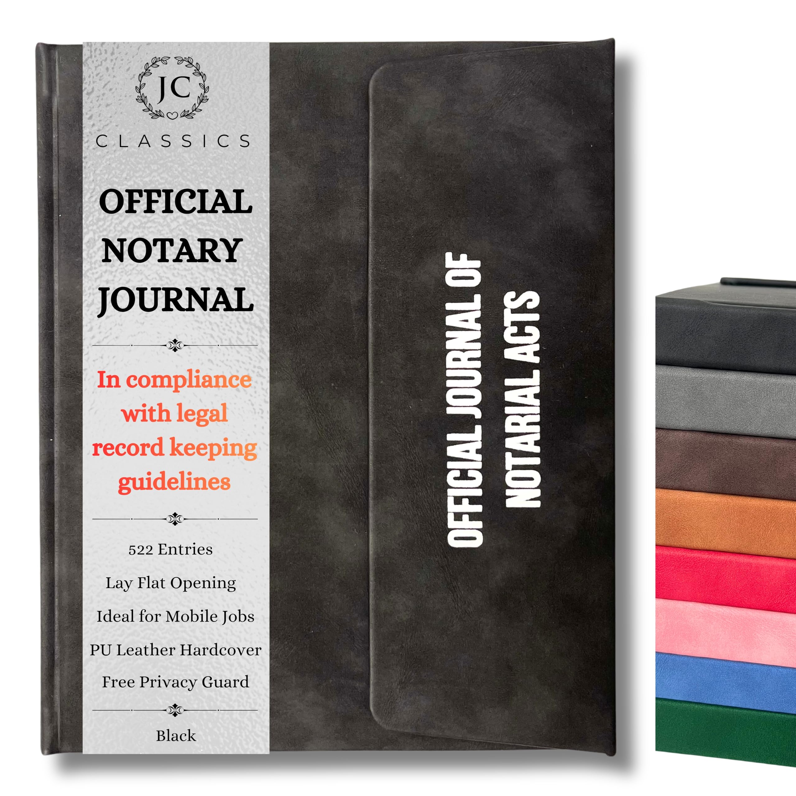 JC Classics Notary Journal Log Book Hardcover with Privacy Guard - Notary Log Book with 522 Notarial Record Entries - Compliant Notary Journal for