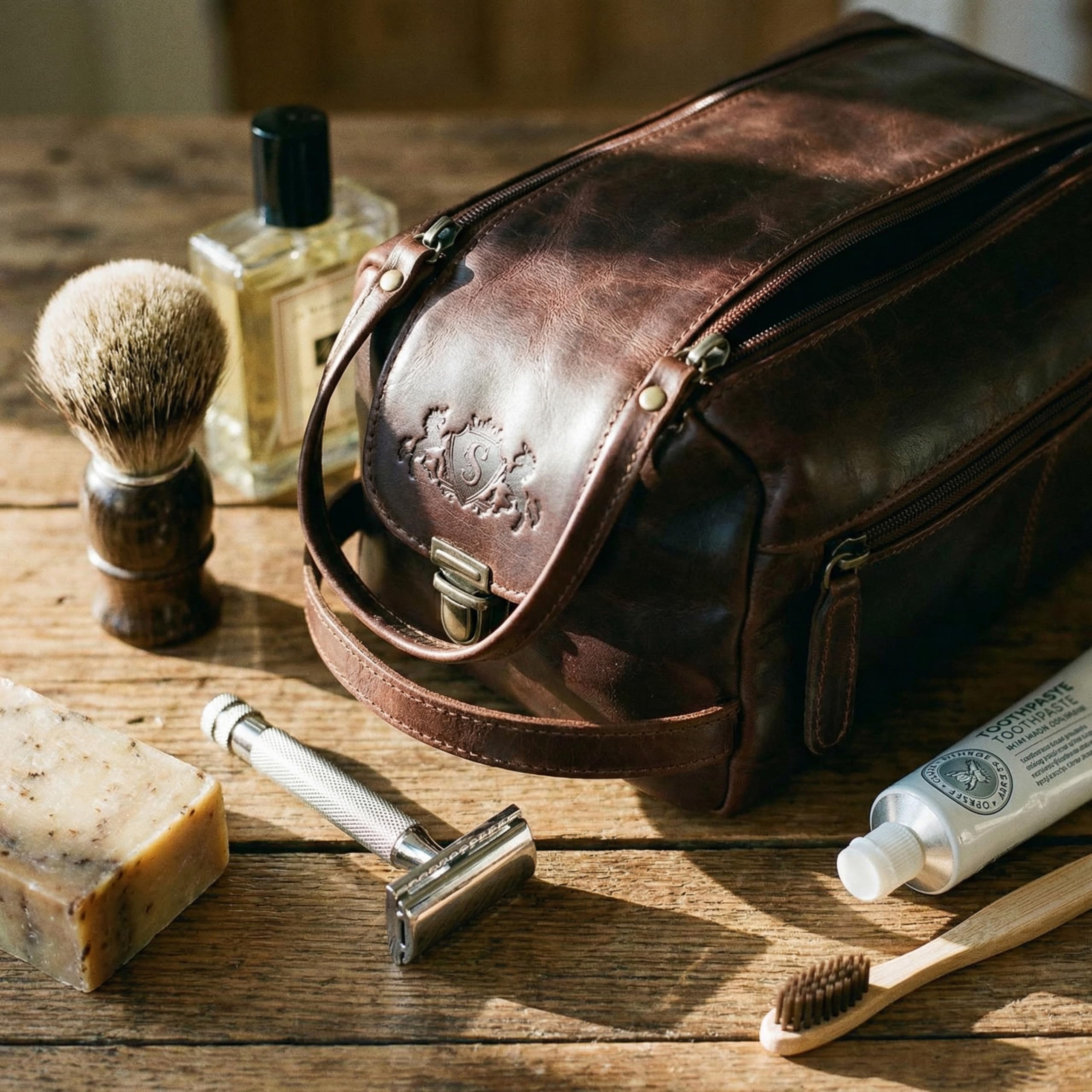 SID & VAIN Toaleta Bristol Naturalna Skóra | Traveling XL Duży Brązowy | Ręcznie robiony Makijaż, Kasztan, kosmetyczka