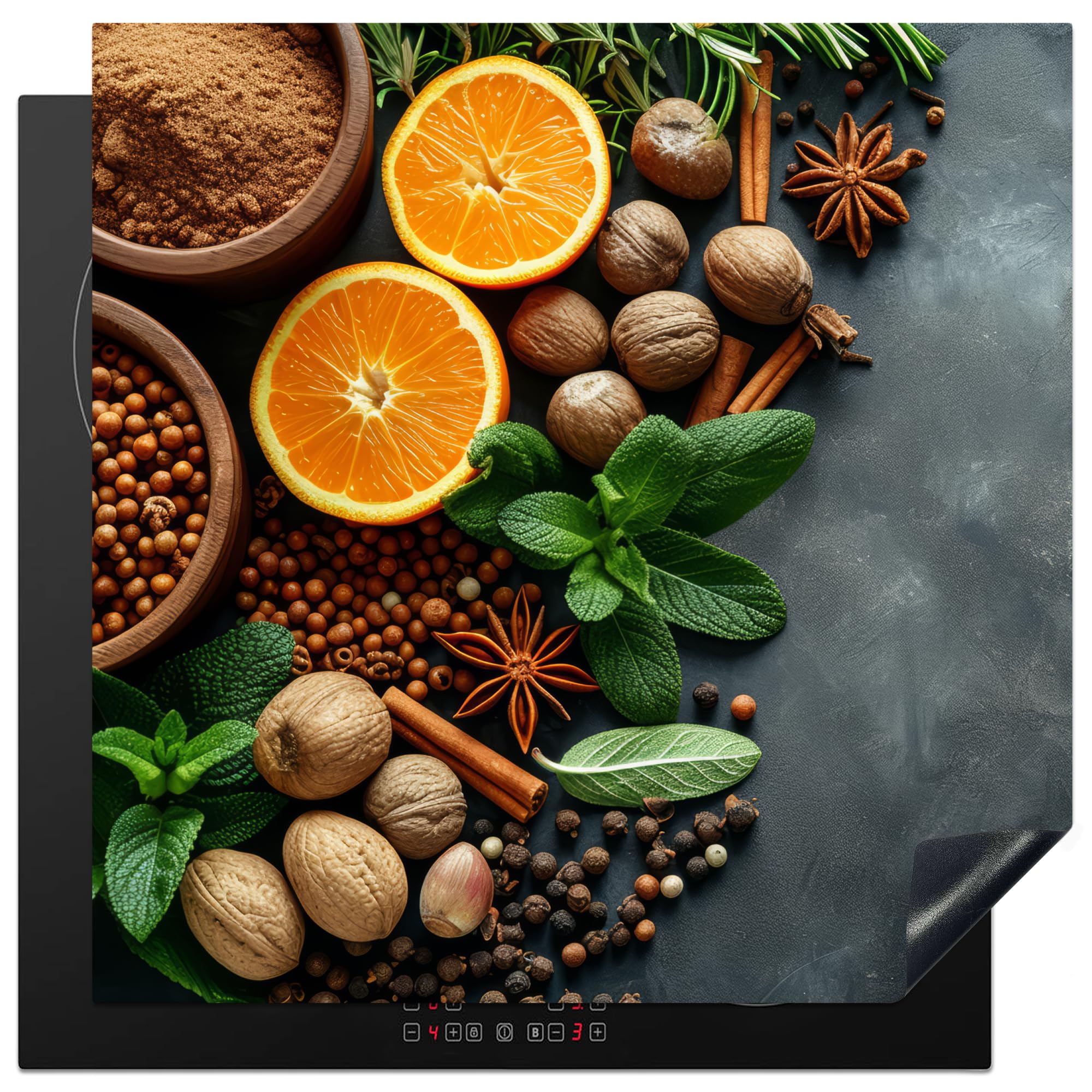 KitchenYeah© Induction Hob Protector Mat 30.7"x30.7" / 78x78 cm Stove Cap Top Cover Kitchen Cooker Covers for Electric Hobs Vinyl Herbs - Fruit - Concrete - Nuts - Orange