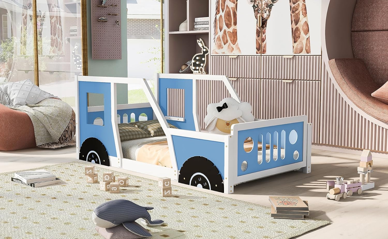Twin Size Classic Car-Shaped Platform Bed with Wheels,Blue