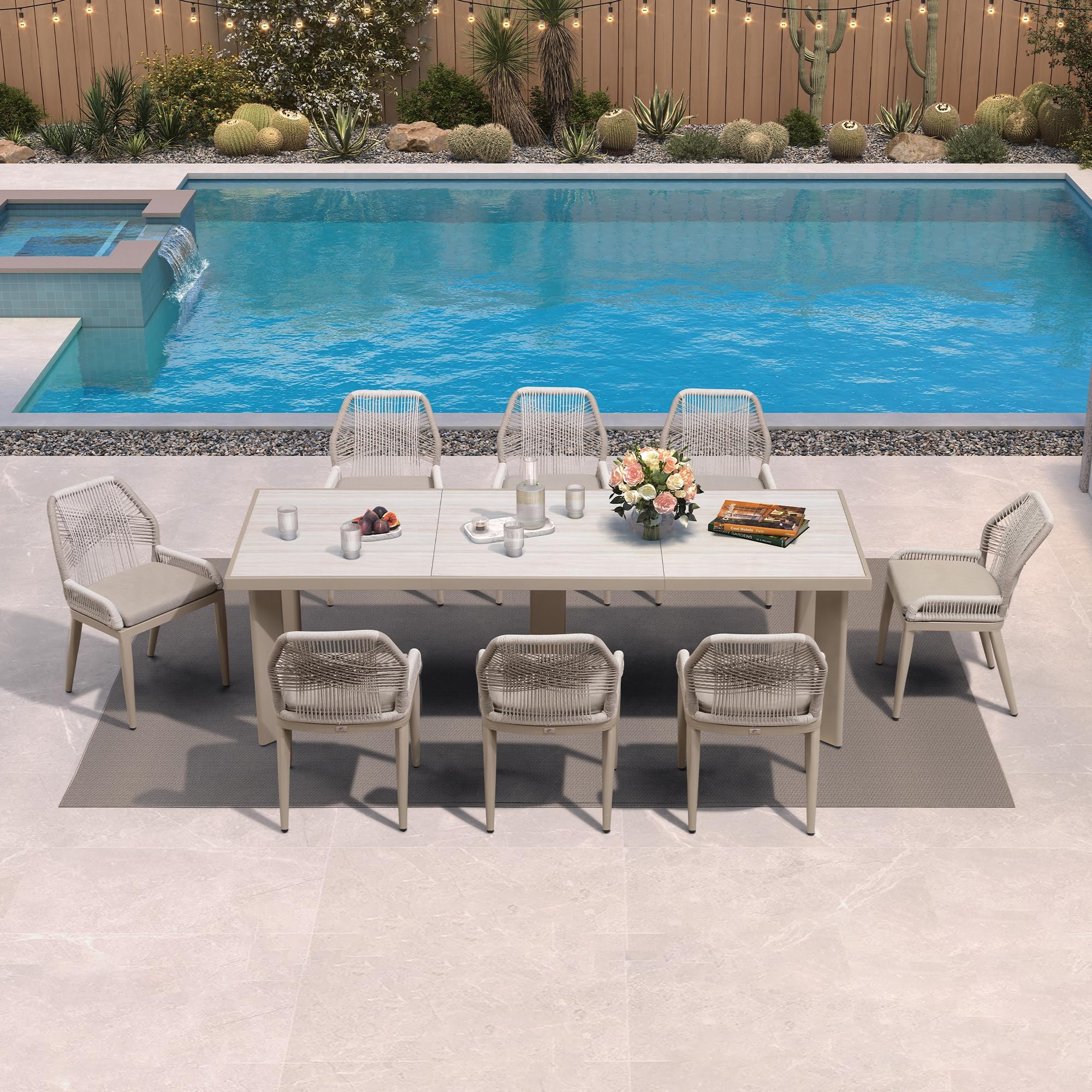 PURPLE LEAF 9 Pieces Patio Dining Set with Cushion and Backrest, Champagne