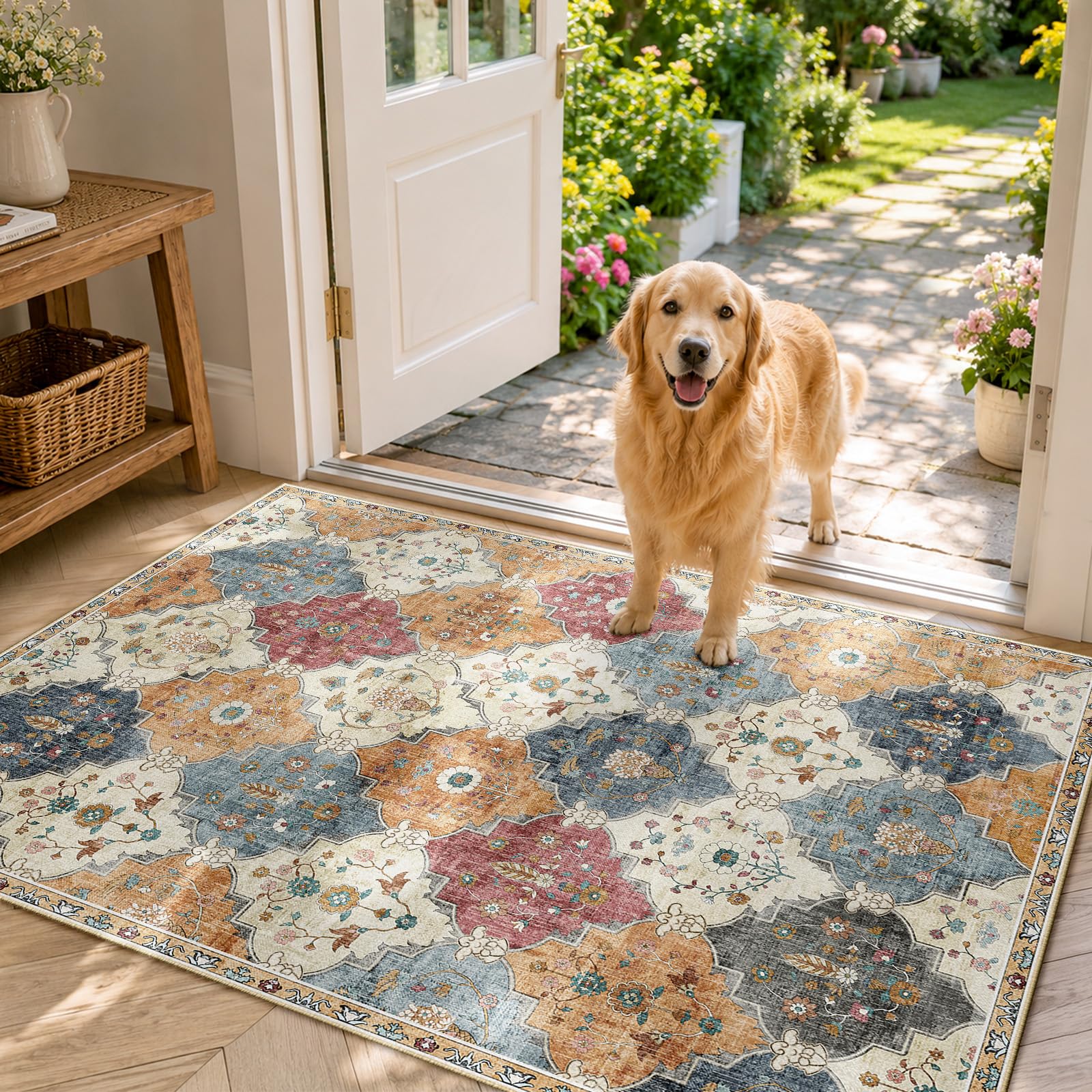 INOVADAY Rugs Living Room 80x150 cm Moroccan Washable Rug Low Pile Boho Rug with Print Pattern Anti Slip Carpet for Bedroom Dining Room Home Office Indoor Orange/Red