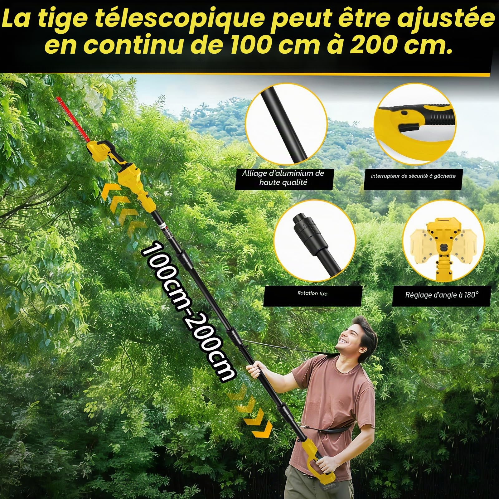 Taille-haie et sécateur électrique sans Fil 5-en-1 avec Manche télescopique Compatible Batterie DeWalt 20V, Longueur réglable 100–200cm, tête pivotante 0–180°, sécateur électrique pour Jardin