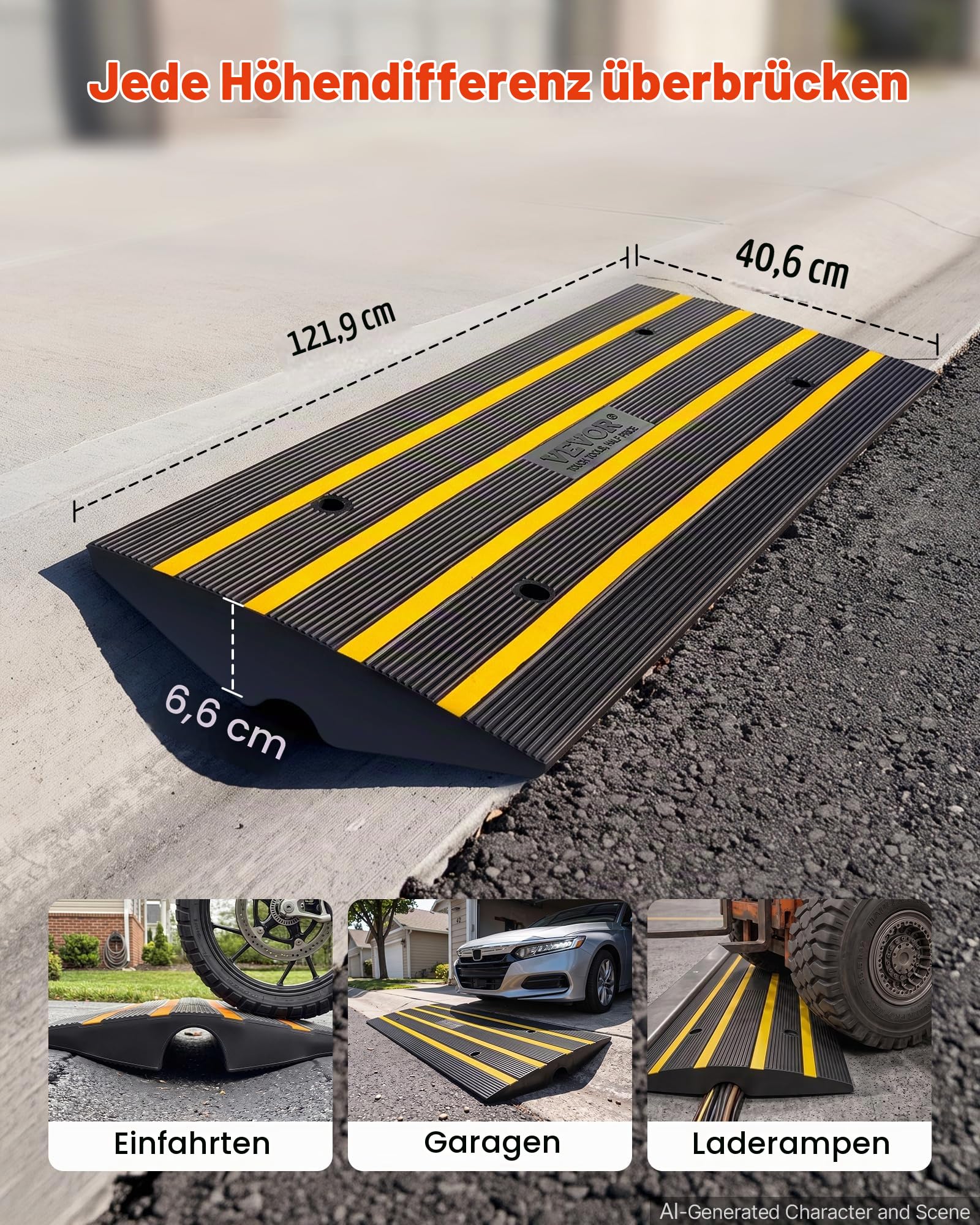 VEVOR Schwellenrampe Vollgummi Türschwellenrampe Max. Belastbarkeit 15Tonnen Bordsteinrampe mit 5,5x3,5cm Kanal Rollstuhlrampe 122x40,5x6,5cm Auffahrrampe Ideal für unebenen Boden Bordsteinkanten