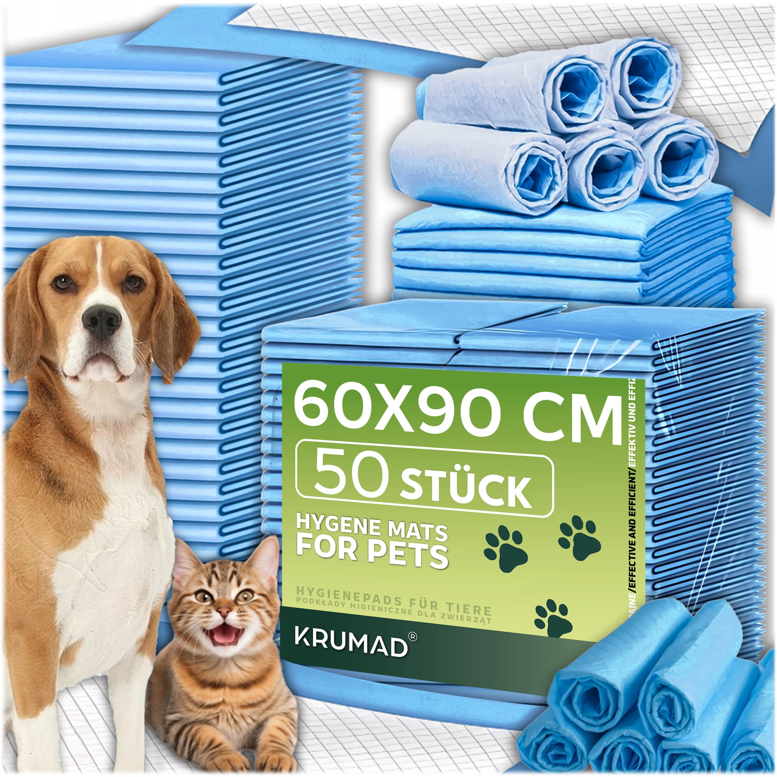 KRUMAD Trainingspads für Hunde, 50 Stück, 6-Schichten, PIPI Matten für Hunde, Trainingsmatte für Welpen, Inkontinenzunterlagen, Wasserdicht, Hunde Zubehör, 60 x 90 cm | Weiß-Blau, 60x90cm, 50 Stück, 6-Schichten, Inkontinenzunterlagen, Wasserdicht, Hunde Z