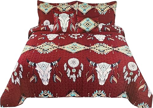 Western Peak Juego de ropa de cama de 5 piezas con fundas y almohadas decorativas (rojo, Queen)