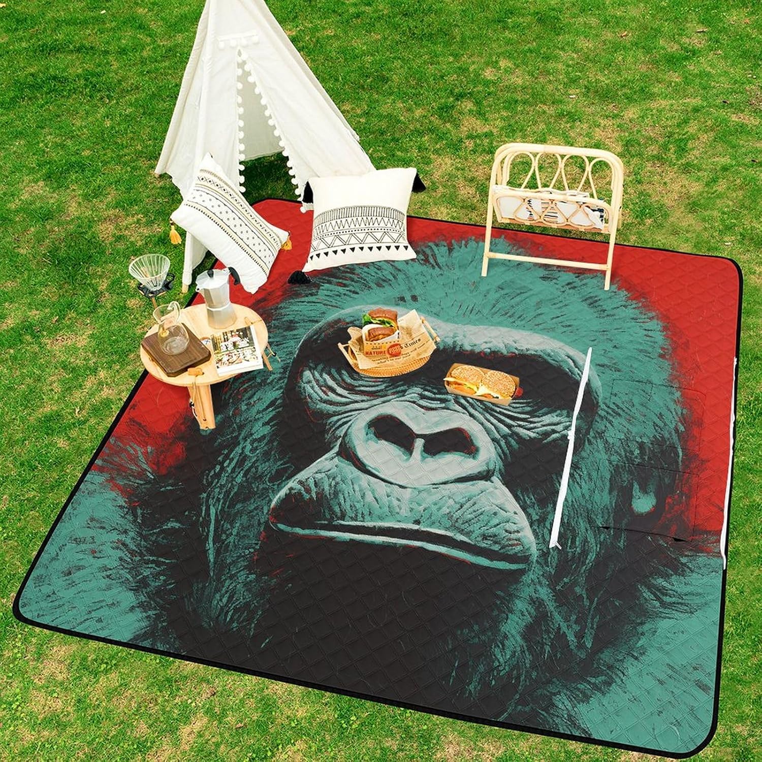 Picnic Blankets,Big Green Orangutan Printed Picnic Blankets Waterproof Foldable,Large Picnic Blanket,Handy Mat Tote with Zipper Pocket for Camping on Grass