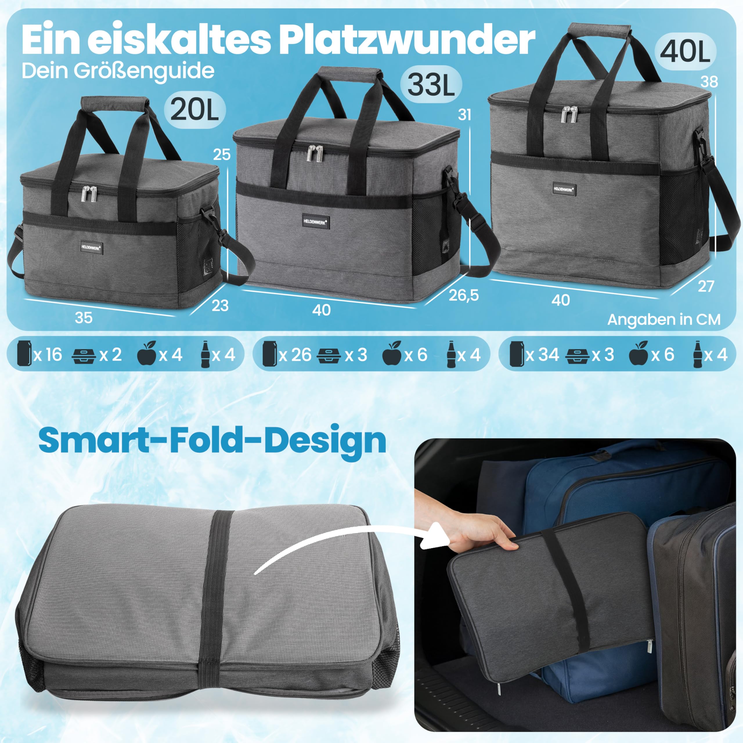 Heldenwerk Borsa termica pieghevole di grandi dimensioni – con capacità raffreddamento fino a 12 ore prova perdite e impermeabile da picnic per
