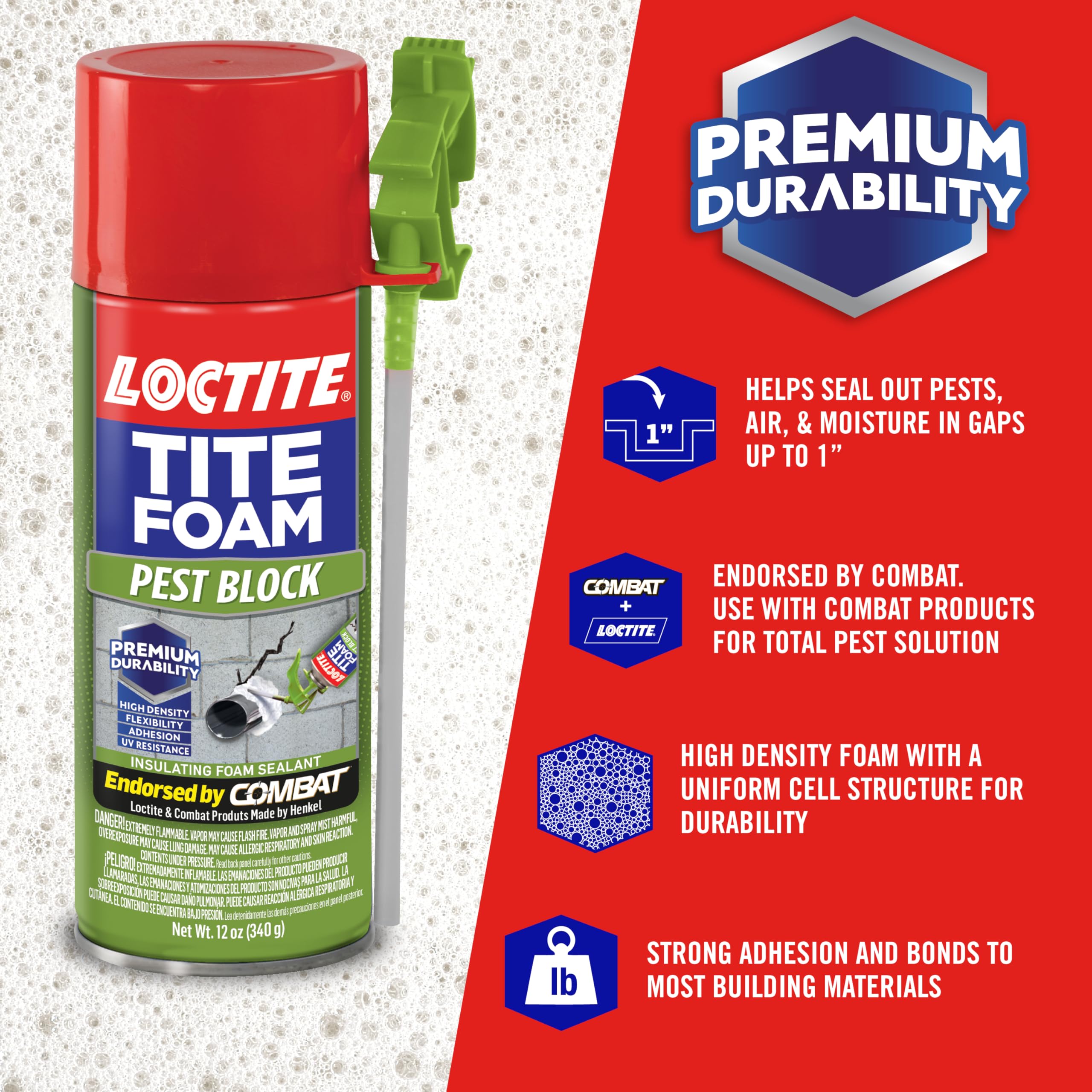 Loctite Pest block PU foam|Premium durability, High density insulating foam, UV resistant, Seals air,pests & moisture in gaps up to 1 inch|Ideal for kitchen cuboards, Plumbing & wiring, 340g*pack of 1