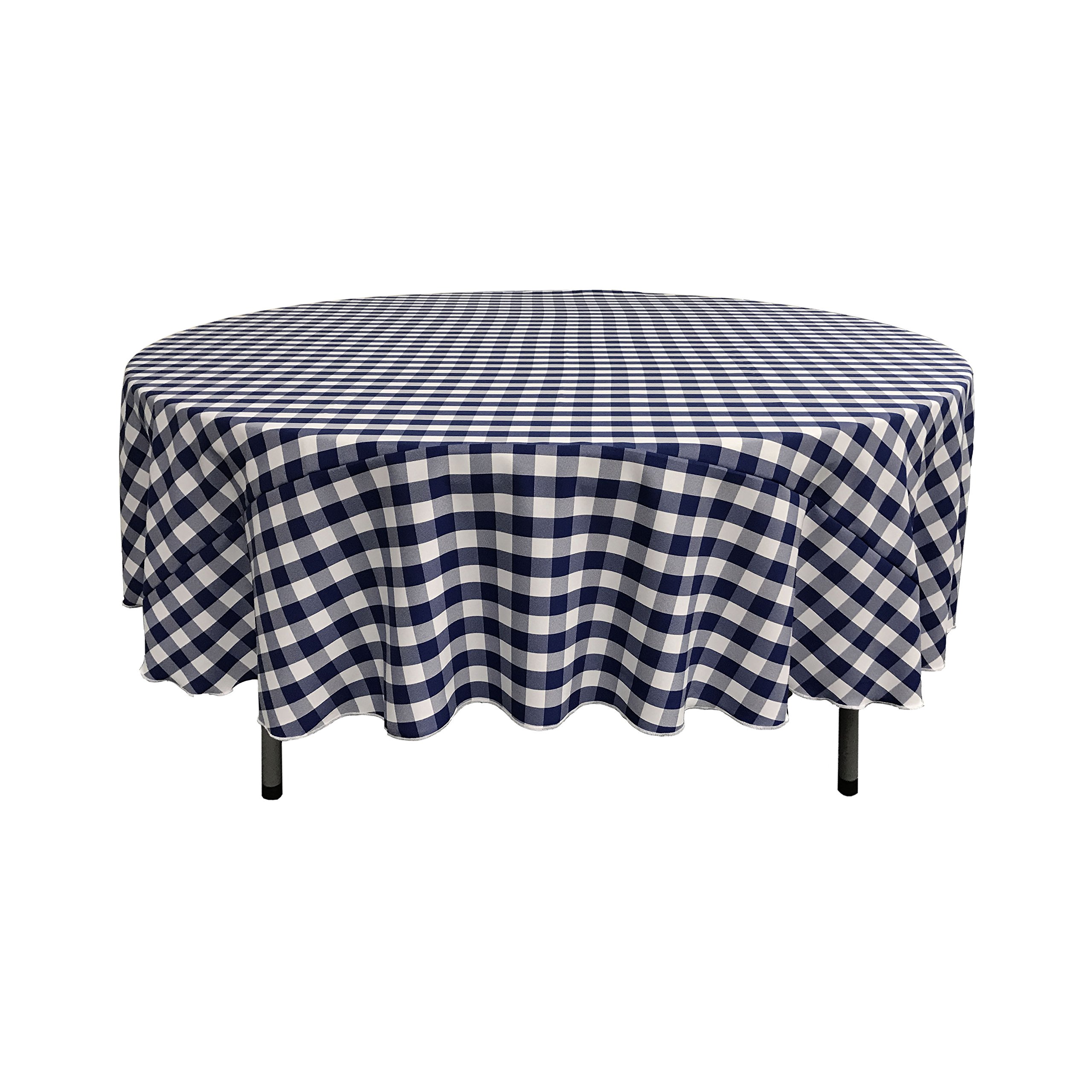 LA Linen TCcheck90R-NavyK72 Polyester Gingham Checkered Tablecloth, White & Navy - 90 in. Round
