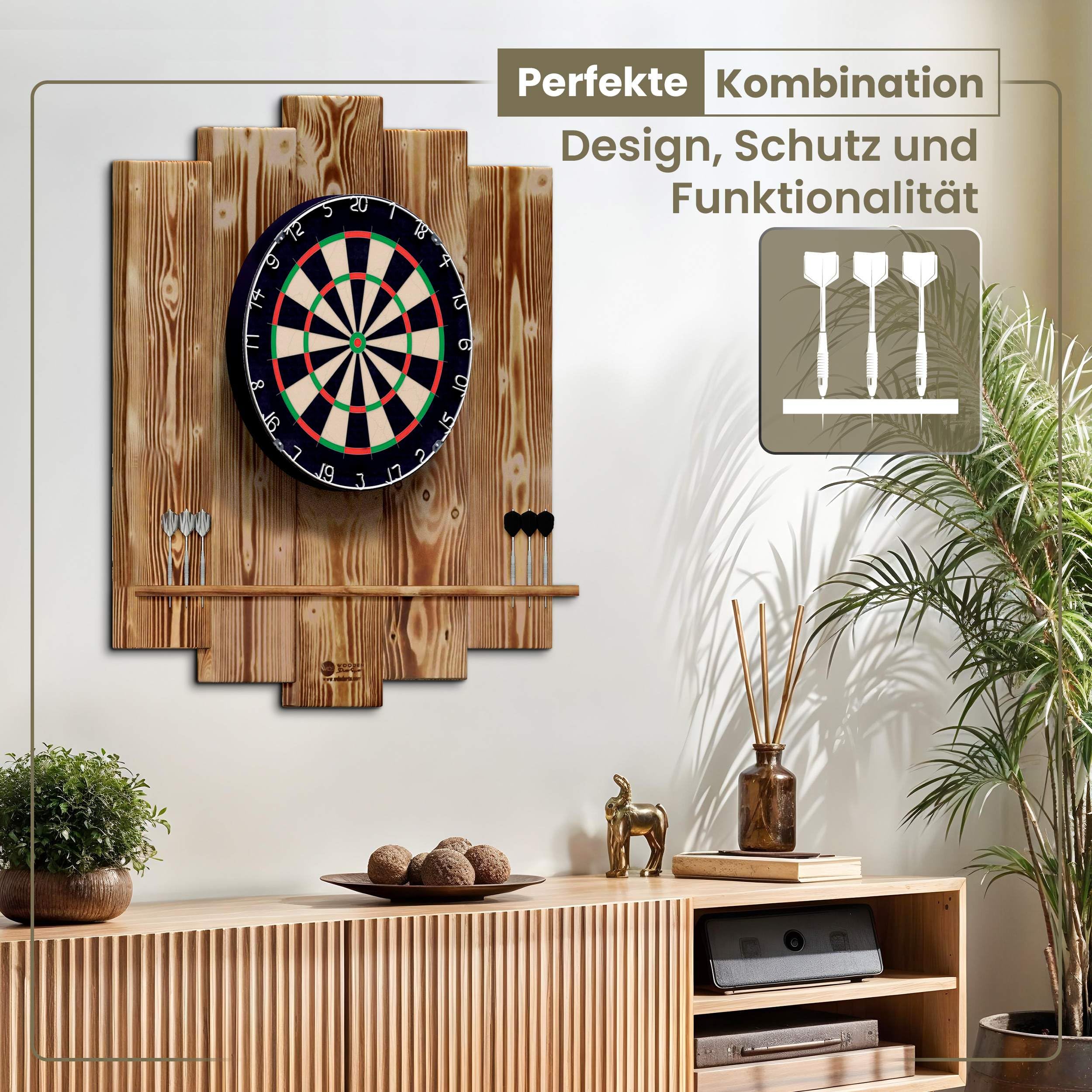 Wooden Dartboard Surround | Premium Dart-Wandschutz & Tablet-Halter (Optional) | Geflammter Burned Look oder Color Design (Catchring, Dart Umrandung, Backboard)