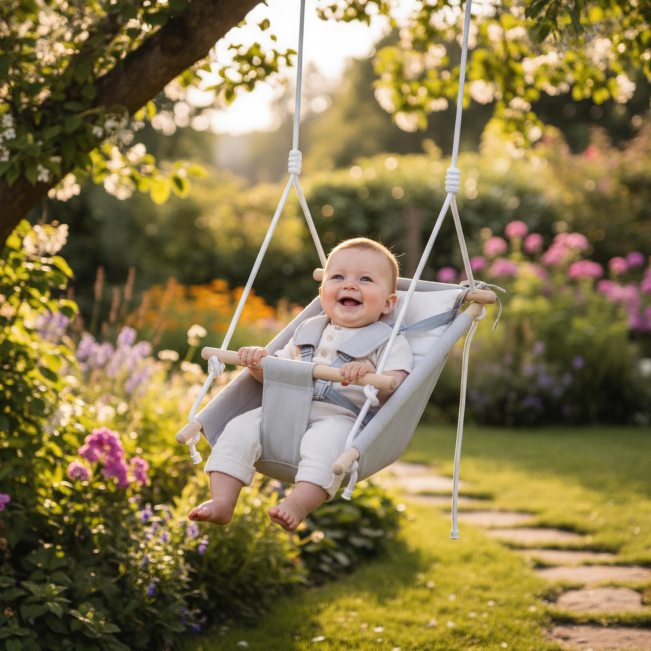 Tulano Hop 40 Altalena per bambini 3in1 - Altalena sospesa e seggiolino in cotone e legno - Dai 6 mesi - Imbottitura sicura - Portata 60 kg - Per interno ed esterno - Grigio