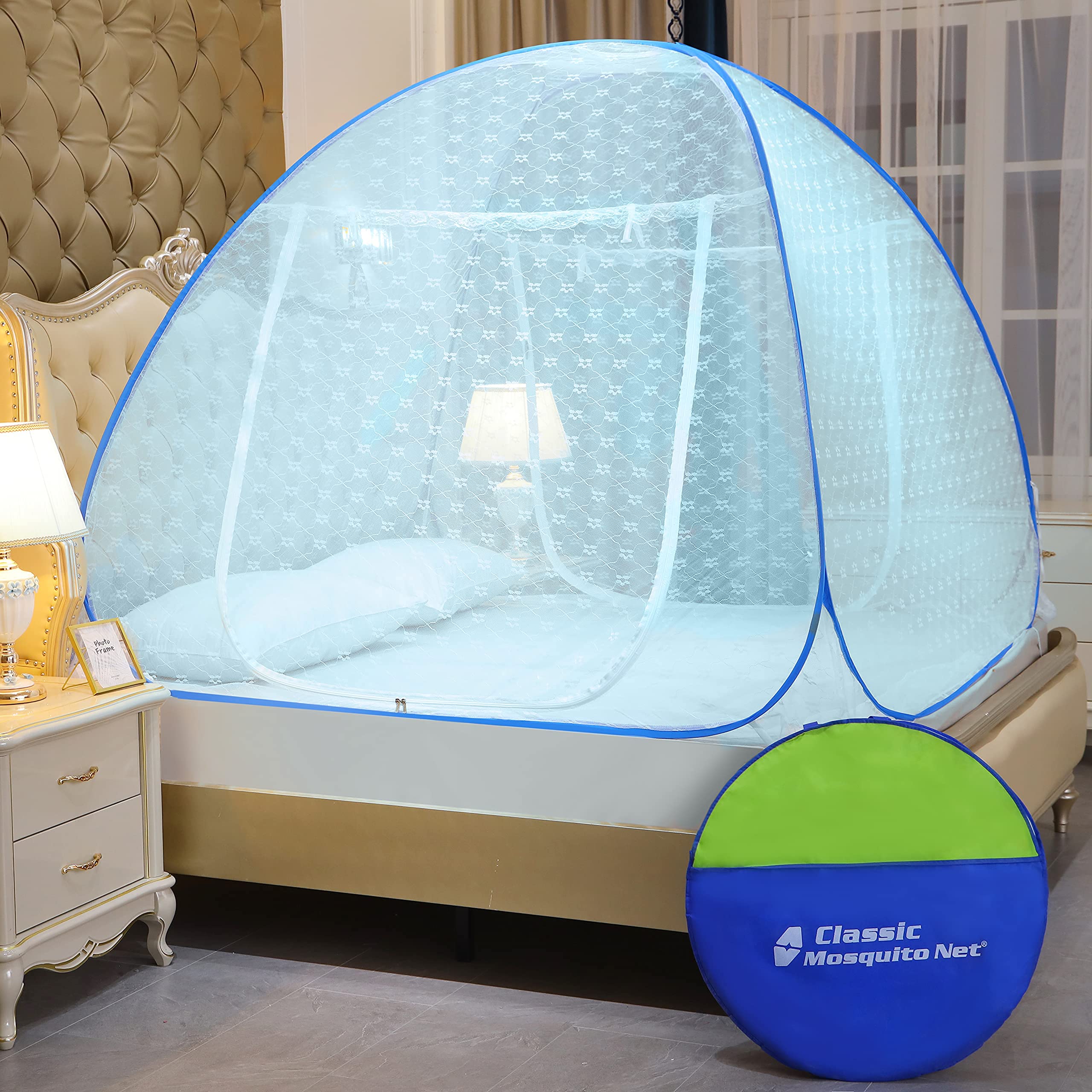 Classic Mosquito Net for Double Bed | Queen Size Embroidery Foldable Machardani | Polyester 30GSM Strong Net | PVC Coated Corrosion Resistant Steel Wire - Full Blue-image-25