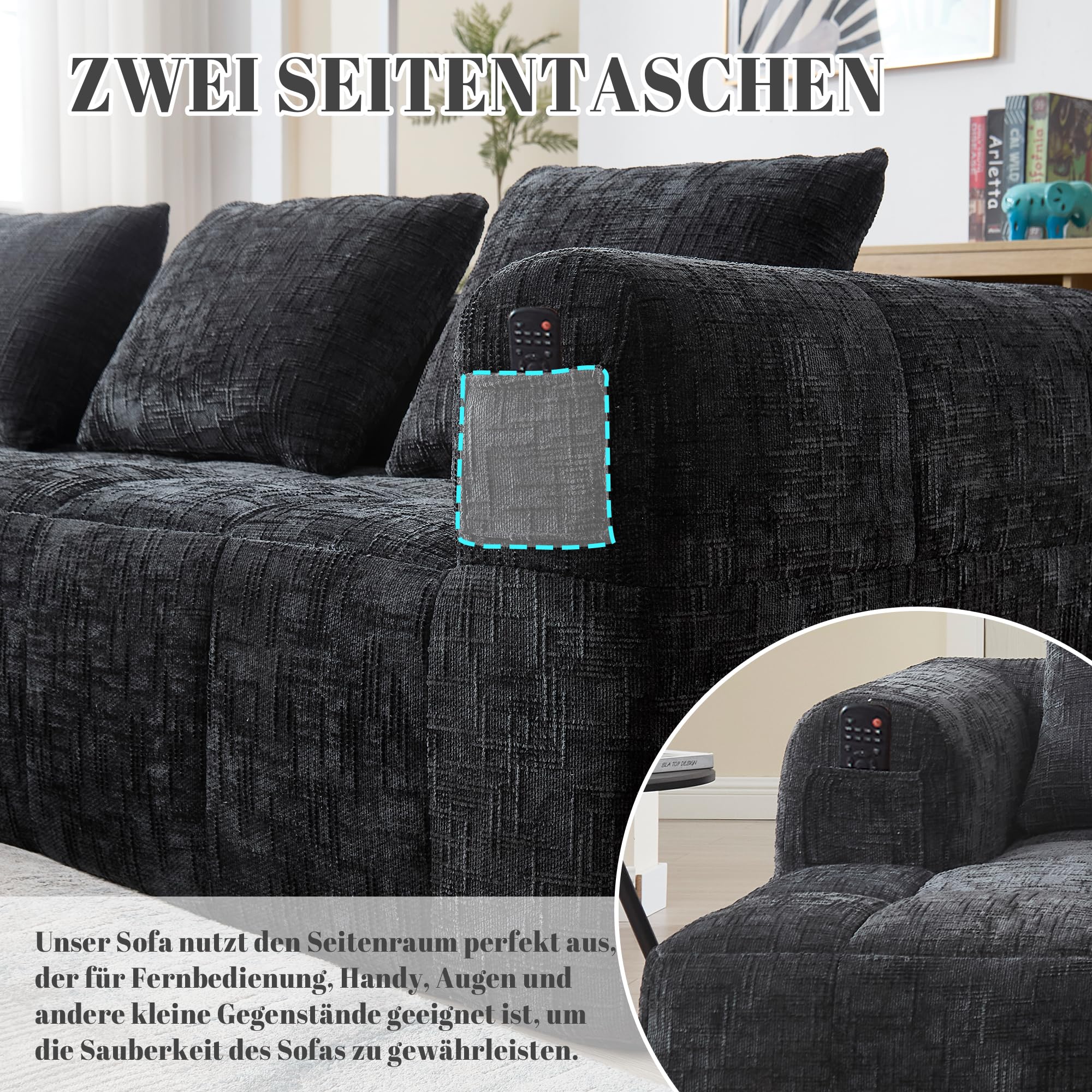 Soweiz Sofá L, sofá de 3 plazas, sofá seccional, no requiere instalación, sofás de chenilla con chaise longue y reposabrazos, 3 cojines, bolsillo lateral para mando a distancia, 250 x 158 x 60 cm