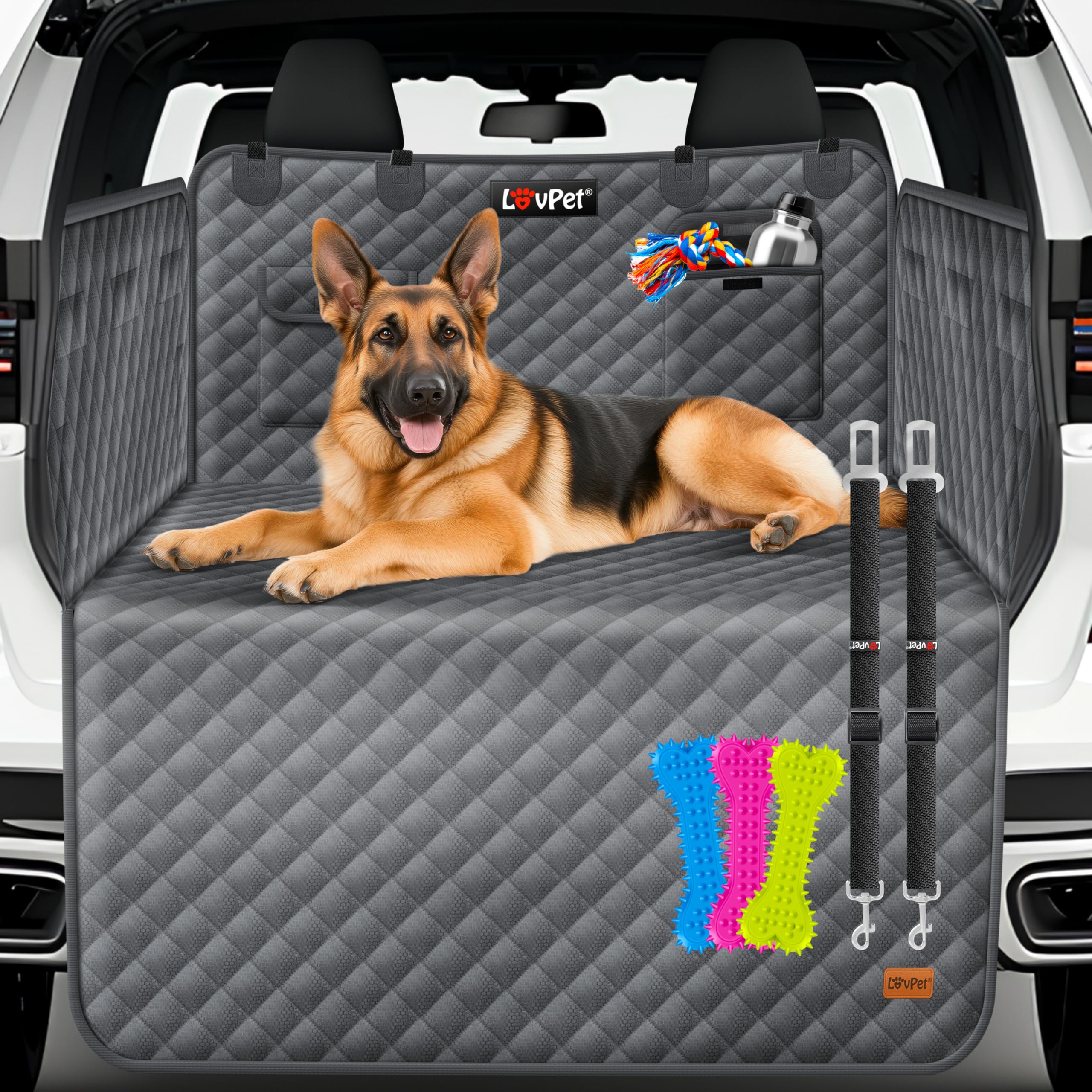 Lovpet® Protezione del bagagliaio dell'auto per cani trapuntata con cintura di sicurezza, con protezione laterale e del bordo di carico | Tappetino universale di protezione del bagagliaio dell'auto