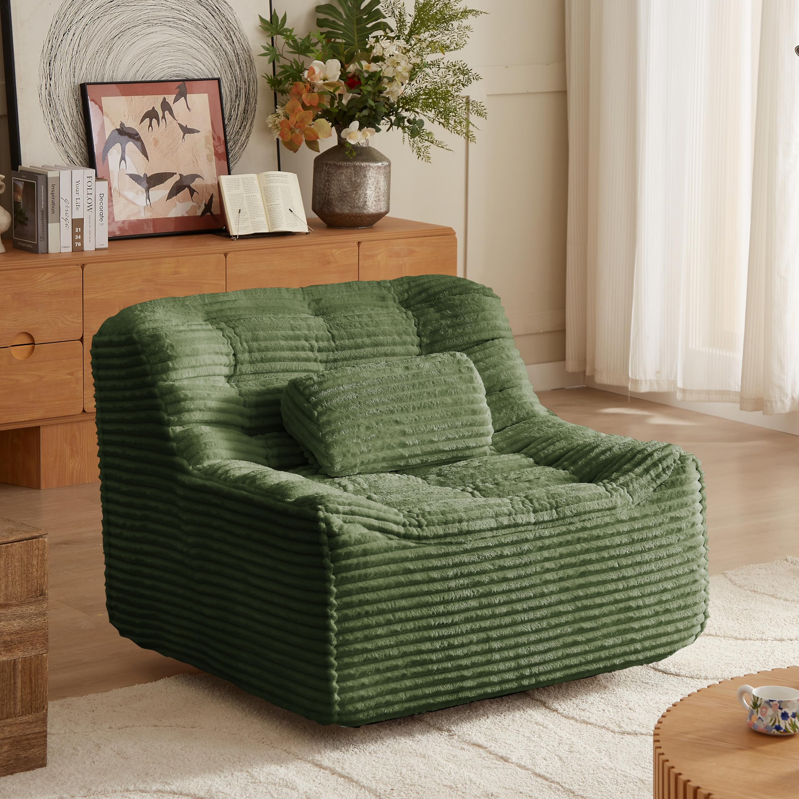 Vyneltio Oversized Swivel Accent Chair, Corduroy Upholstered Book Nook Chair, Big Lazy Sofa Chair for Living Room Bedroom Dorm Office-Green