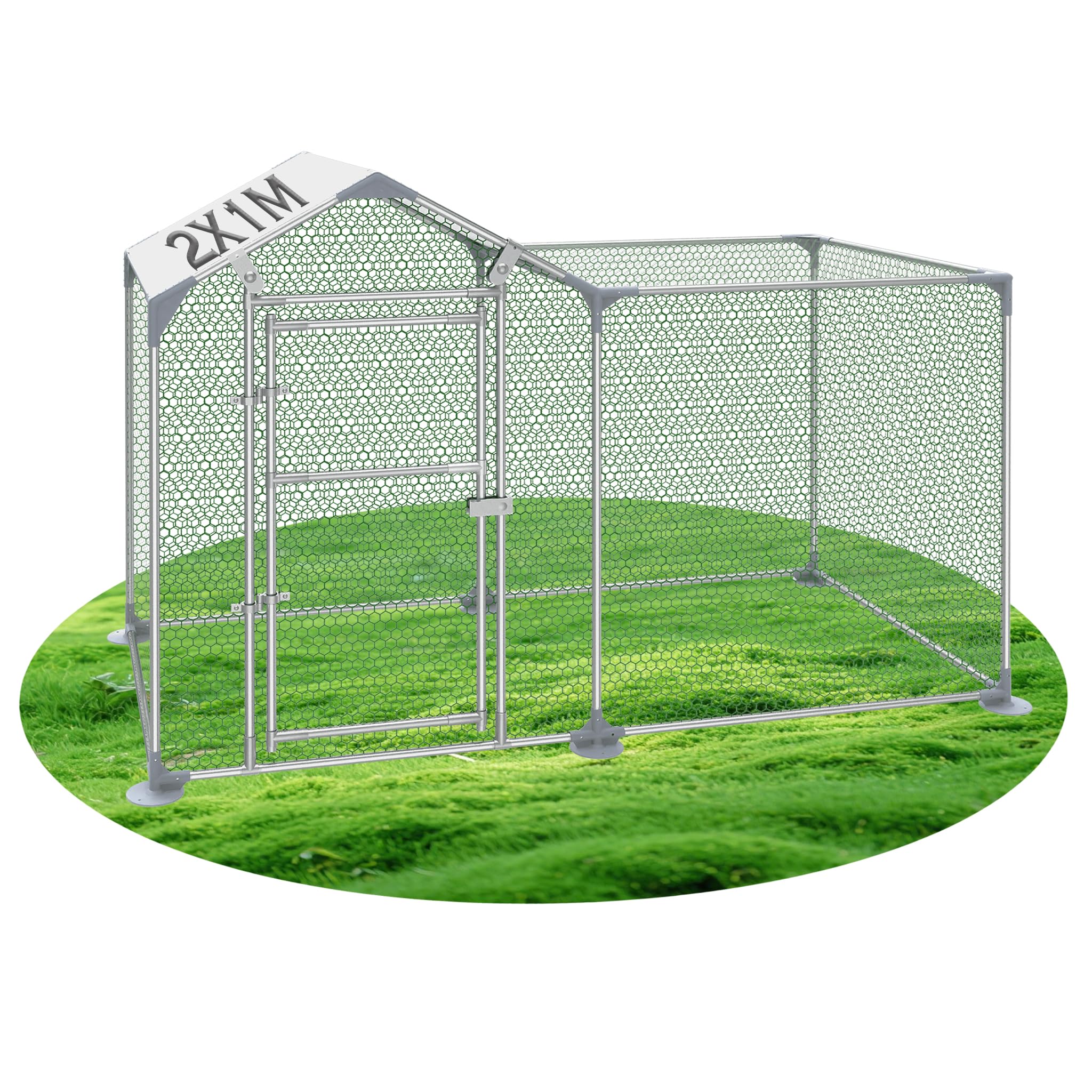 Gallinero con tubo de acero galvanizado, con techo de PE y clavos de suelo, Gallinero, rejilla de alambre recubierta de PVC, para pollos, jaula de pájaros, jaula para mascotas, 2 x 1 m (largo