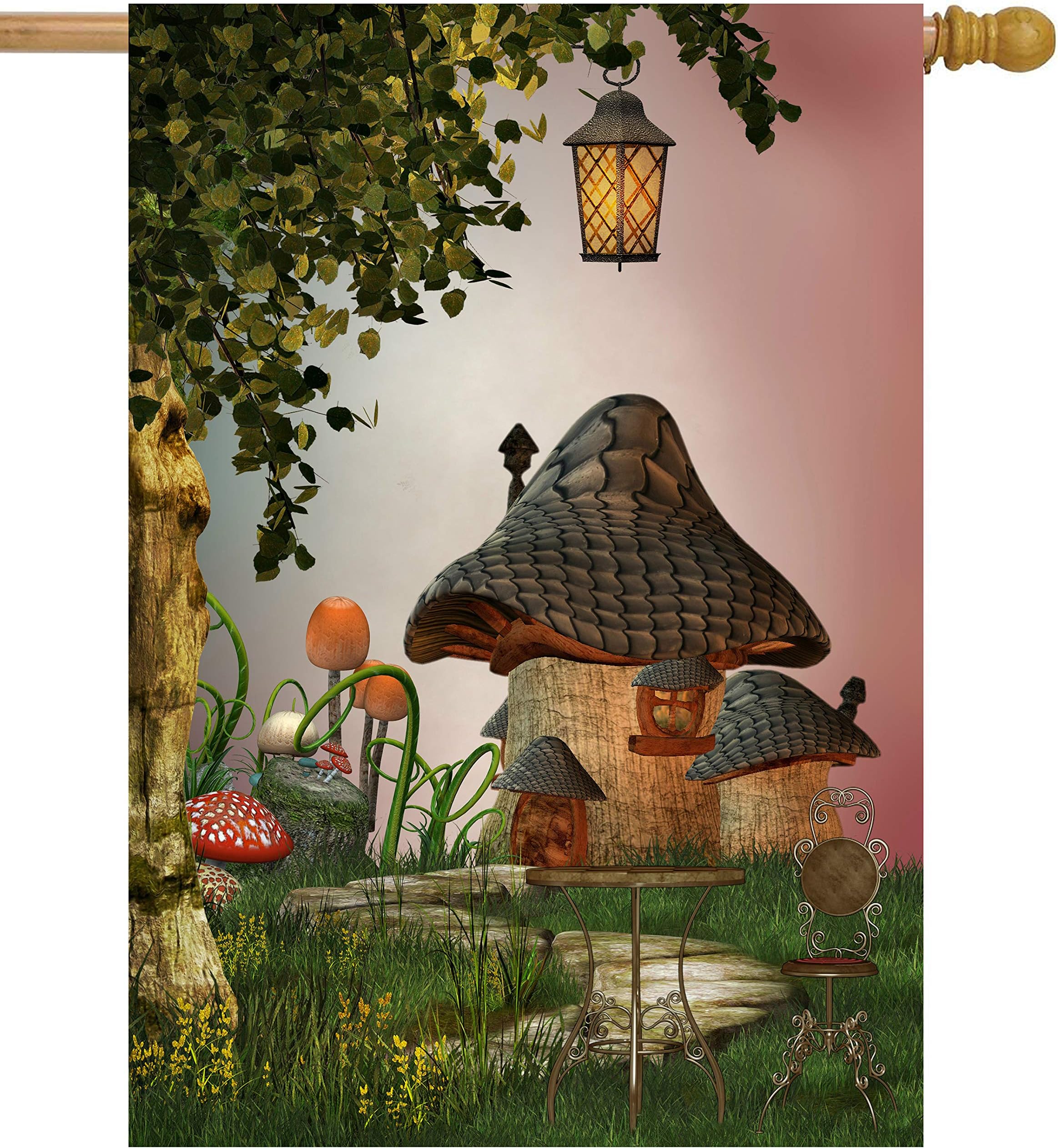ShineSnow Fantastic Fairy Tales Mushroom Garden Landscape Tree Light House Flag 28" x 40" Double Sided, Polyester Welcome Yard Garden Flag Banners for Patio Lawn Outdoor Home Decor
