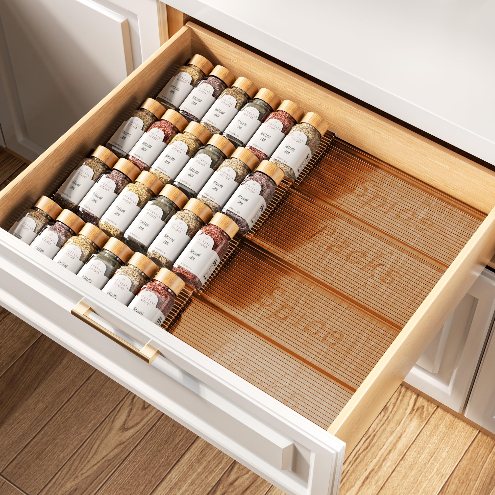 PanPanPal Spice Drawer Organiser, Spice Rack for Inside Drawer, Adjustable Seasoning Organizer for Cupboard, Acrylic Drawers Shelf for kitchen, 2 Tiers, Set of 4, Amber