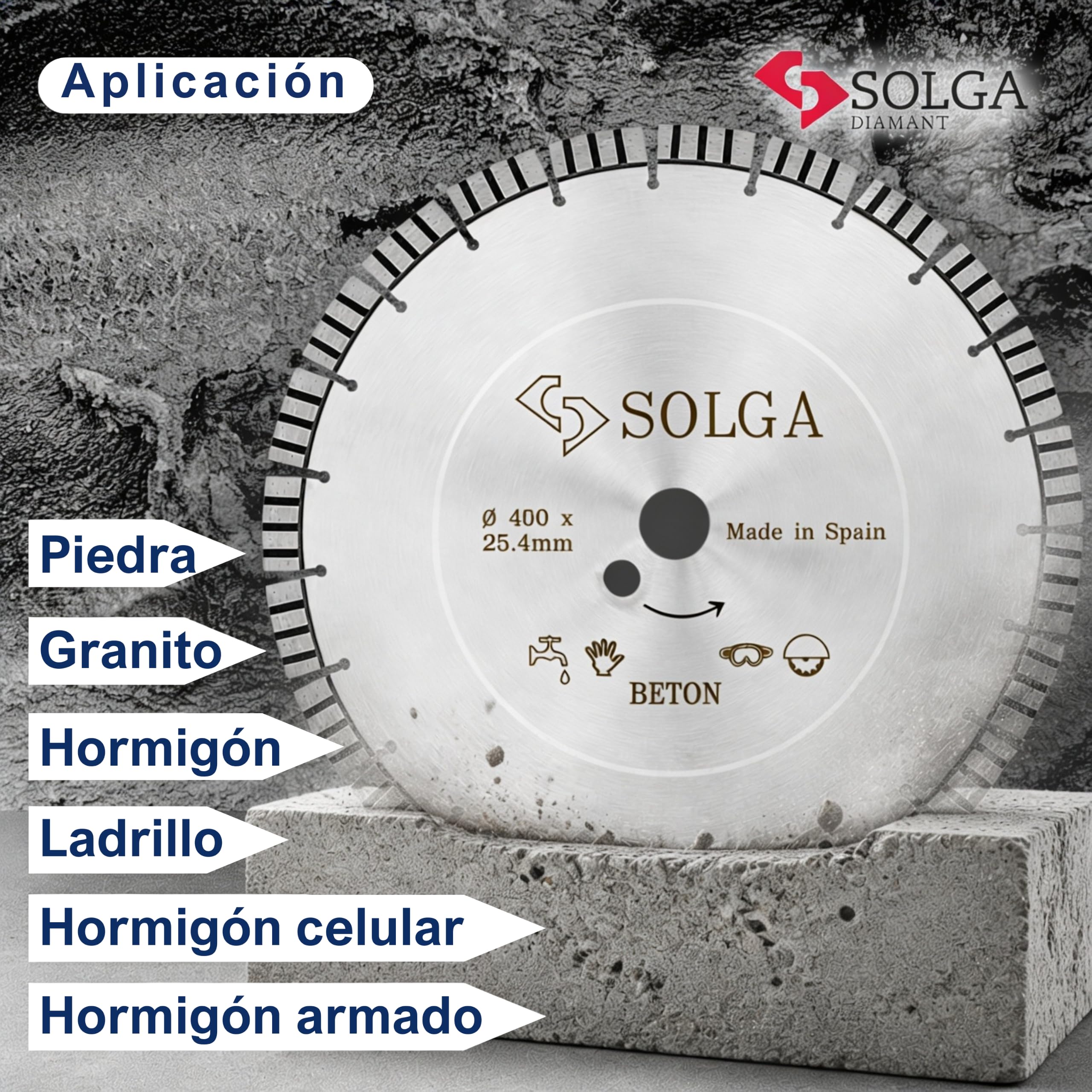 SOLGA Disco de corte Diamant Turbo de 400 mm, hormigón, piedra, hormigón armado, ladrillo, granito, asfalto, amoladora angular (gasolina/eléctrica), larga vida útil, orificio de 25,4 mm