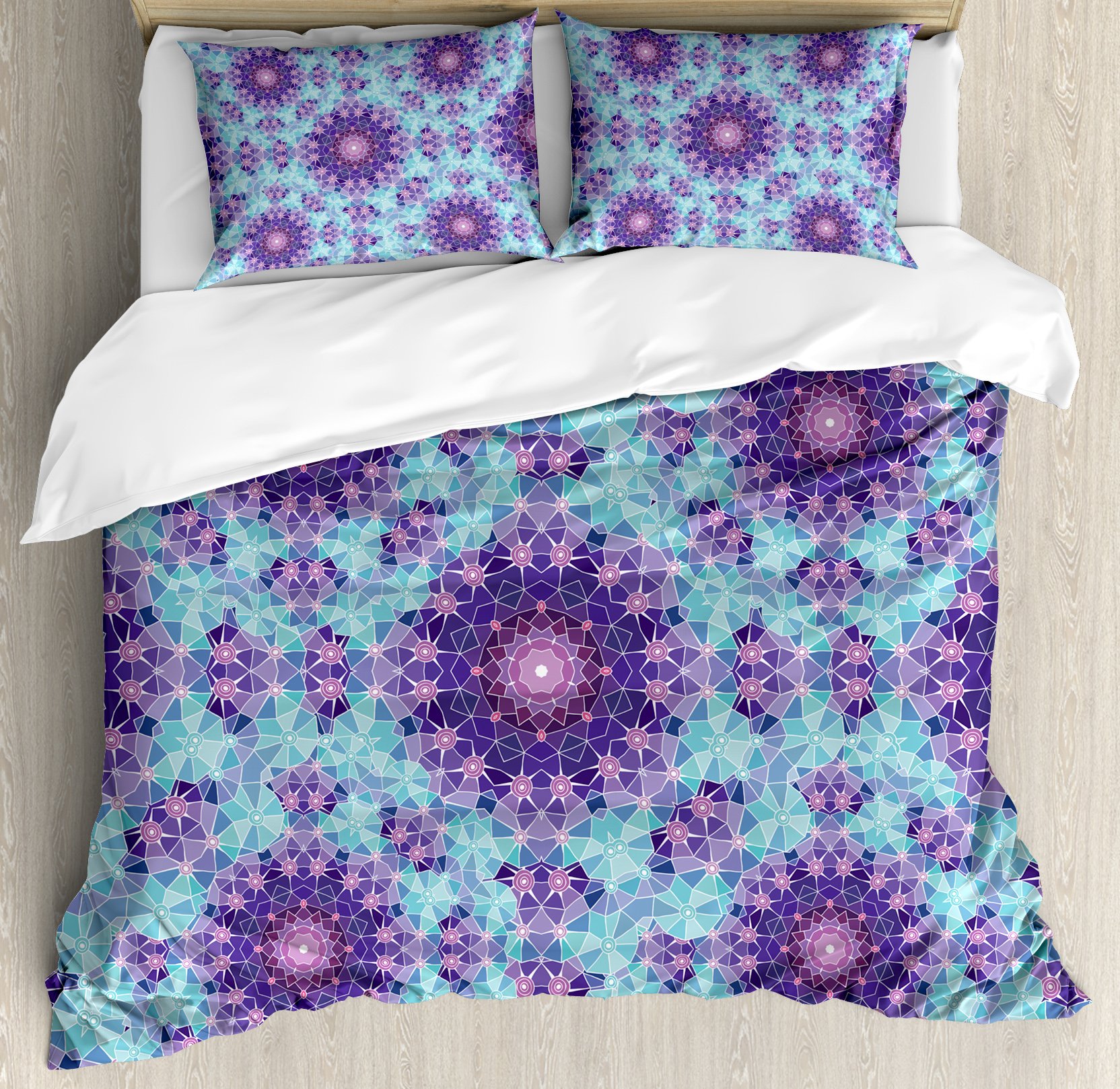 Ambesonne Purple Mandala Duvet Cover Set, Geometric Mosaic Fractal Sign of Universe Graphic Art, Decorative 3 Piece Bedding Set with 2 Pillow Shams, Queen Size, Sky Blue Mauve