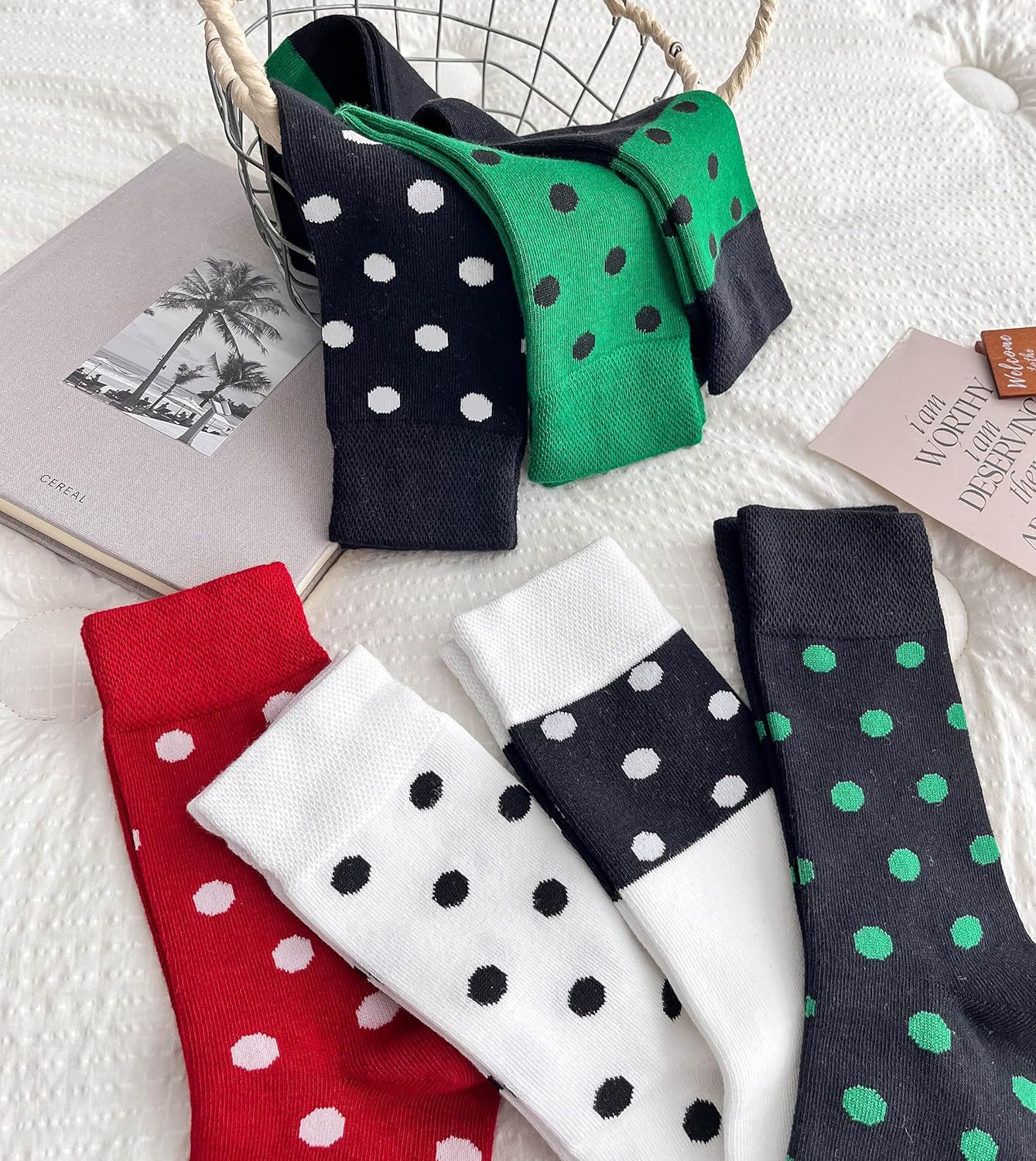 Polka Dot Ankle Socks Size 5-9 Women's 3 Pairs Black White Green Red Color Crew Sock - Image 6