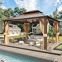 Vista 1 de MELLCOM Cenador de techo rígido de 12 x 14 pies, cenador de aluminio de doble techo de metal con cortina y red, pabellón de acero galvanizado