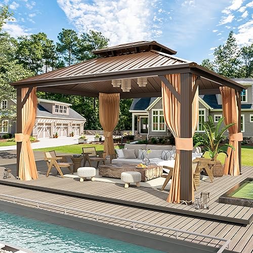 Miniatura 1 de MELLCOM - Kiosco de techo rígido de aluminio con doble techo de metal con cortina y red, pabellón de acero galvanizado permanente para patio, césped