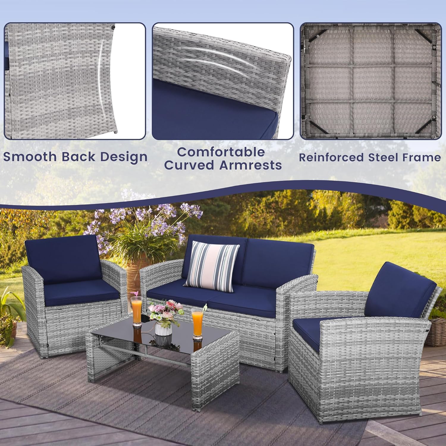 KROFEM 4-Piece Patio Furniture Set, Wicker Outdoor Rattan Sectional Sofa with Cushions and Glass Table, All-Weather Outdoor Conversation Set, Ideal for Garden, Porch, Backyard, Navy