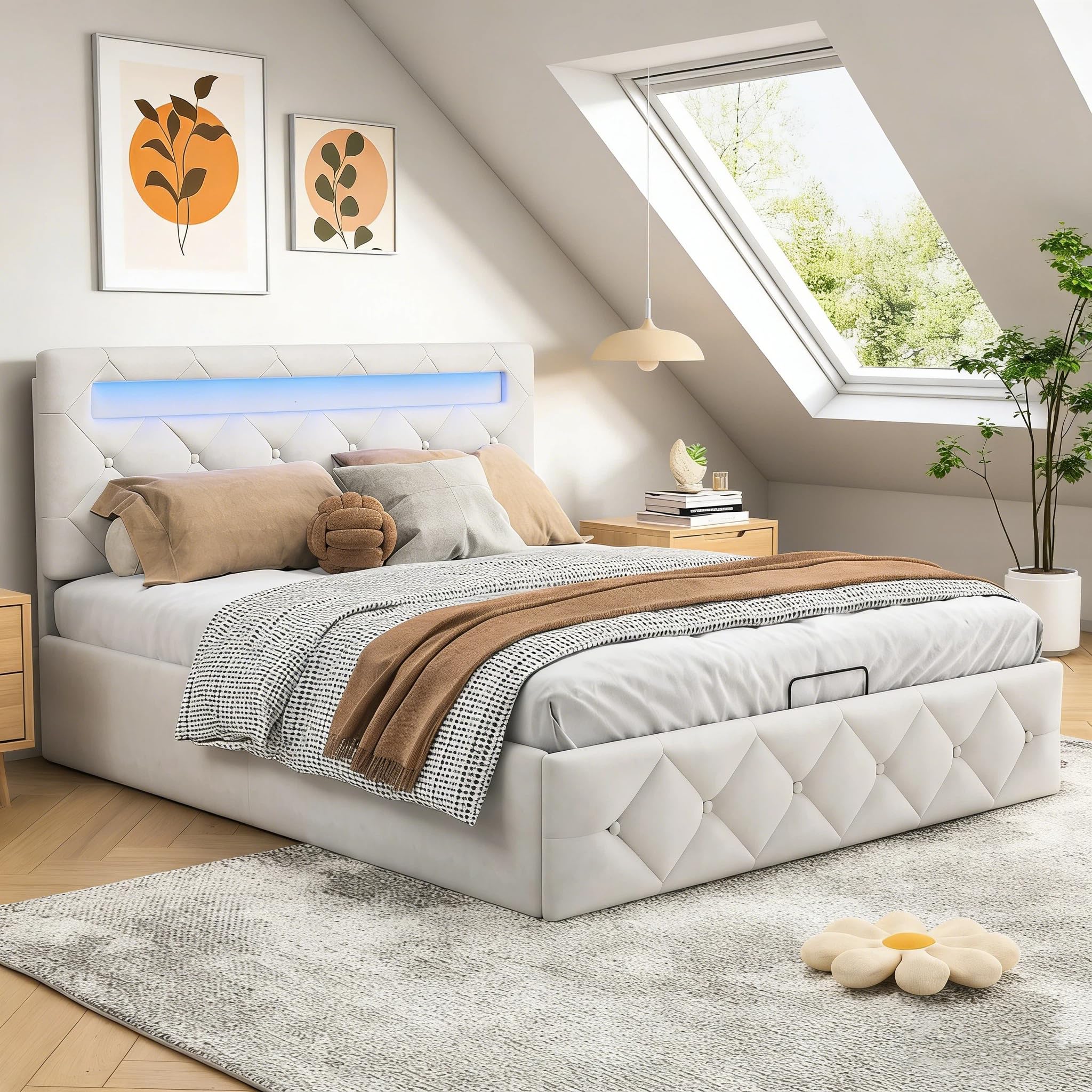 BRILVERDE Letto imbottito 160x200 con Contenitore idraulico, letto matrimoniale con LED, funzionale con testiera, struttura letto con rete a doghe, Velluto (Beige, 160 x 200 cm)