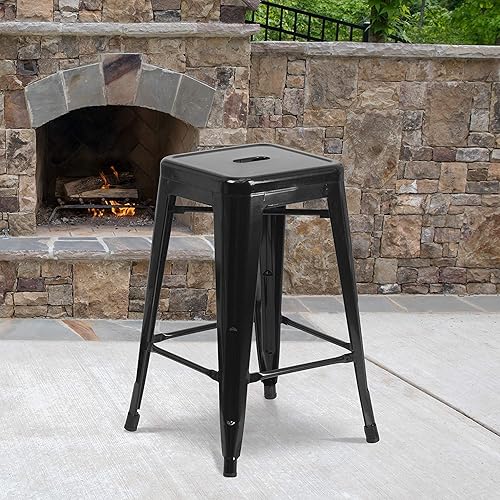 Miniatura 2 de Taburete de 24 pulgadas de alto para interior y exterior con asiento cuadrado., Metal, Negro