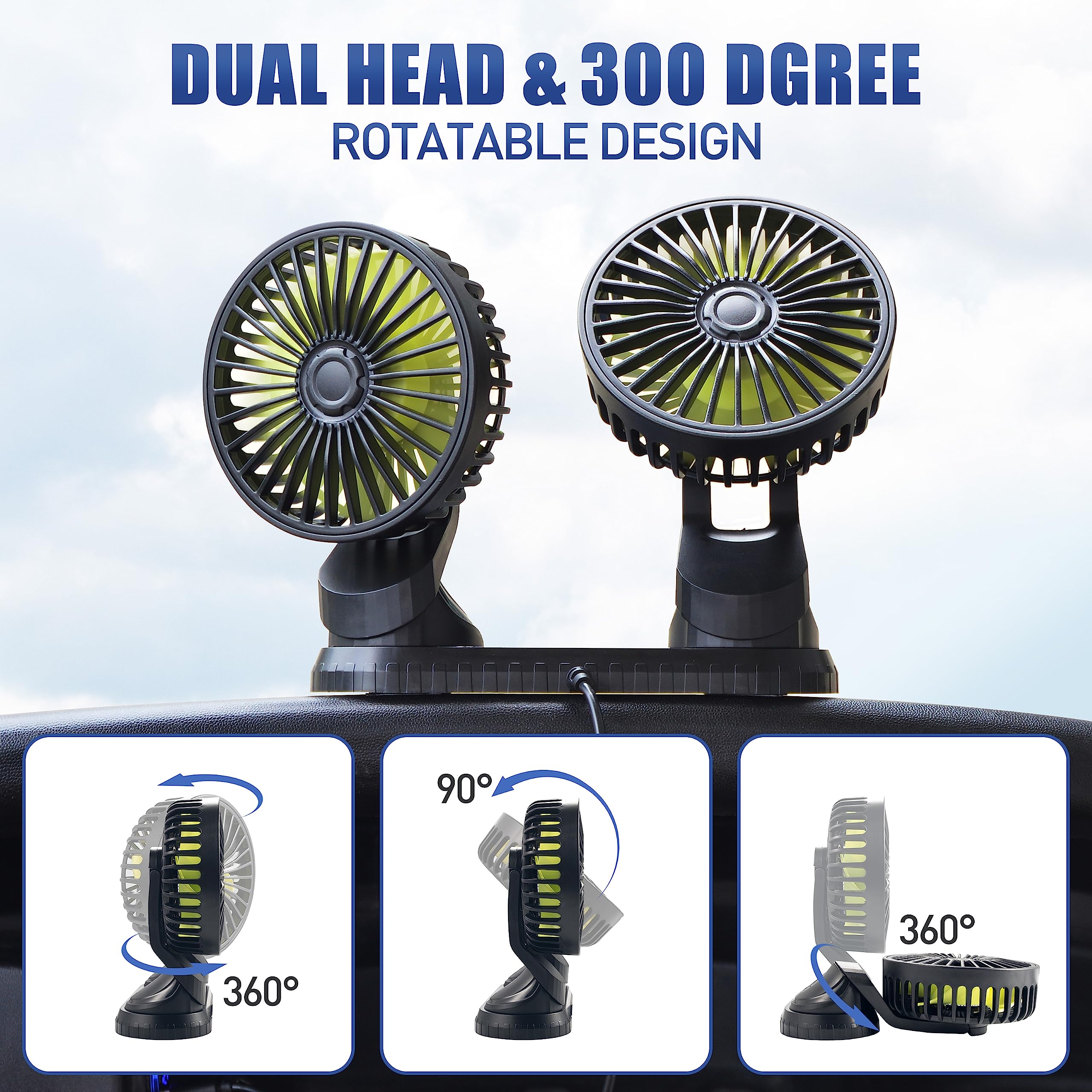 Upgraded Golf Cart Fan, Dual Head Portable USB Input Golf Cart Fan for EZGO Club Car Yamaha, 3 Speed Setting/360 Degree Rotation/Strong Wind/Low Noise Designed/3M Adhensive Attched Fan for Golf Cart